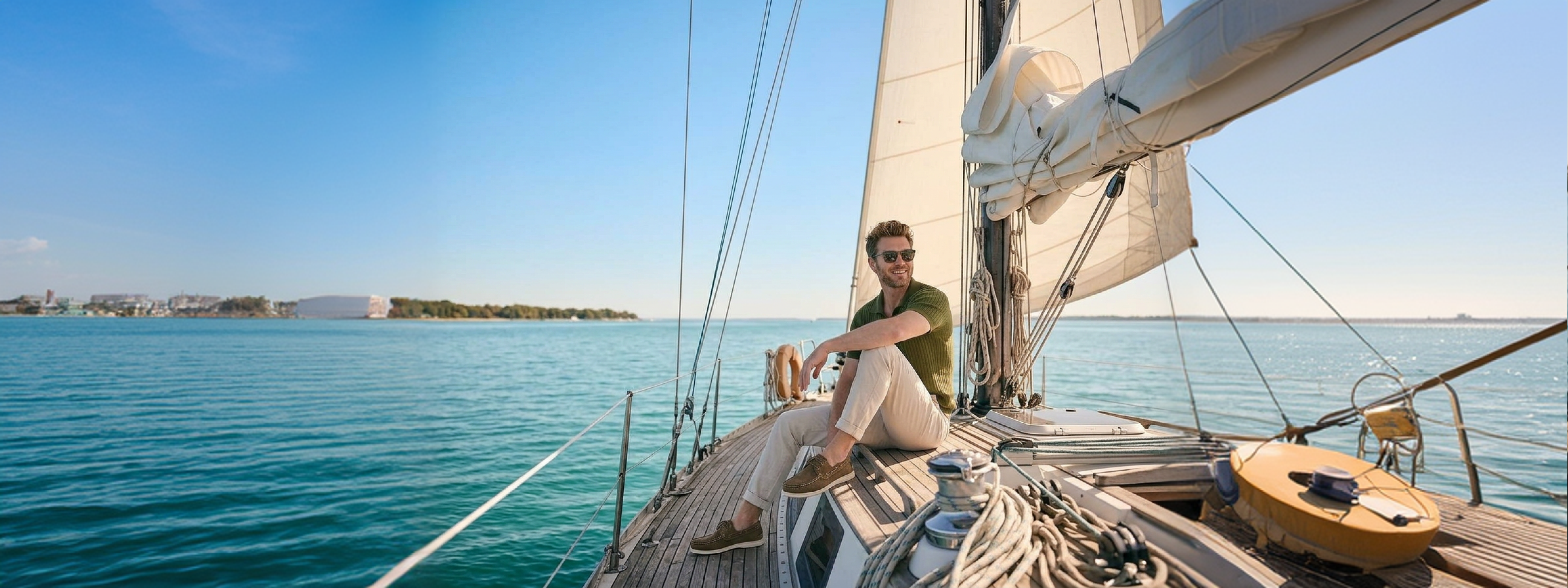 Man sitting on a sailboat with a clear blue sky and water background