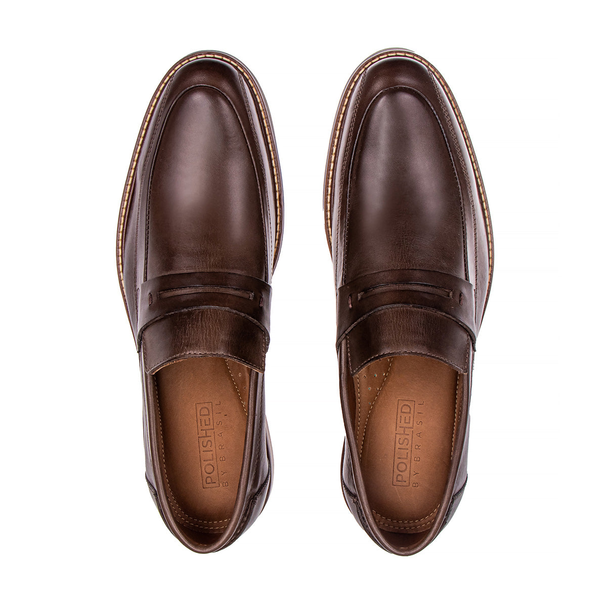 Top view of the Artelio Amalfi dark whiskey leather penny loafer showing the slip-on penny strap