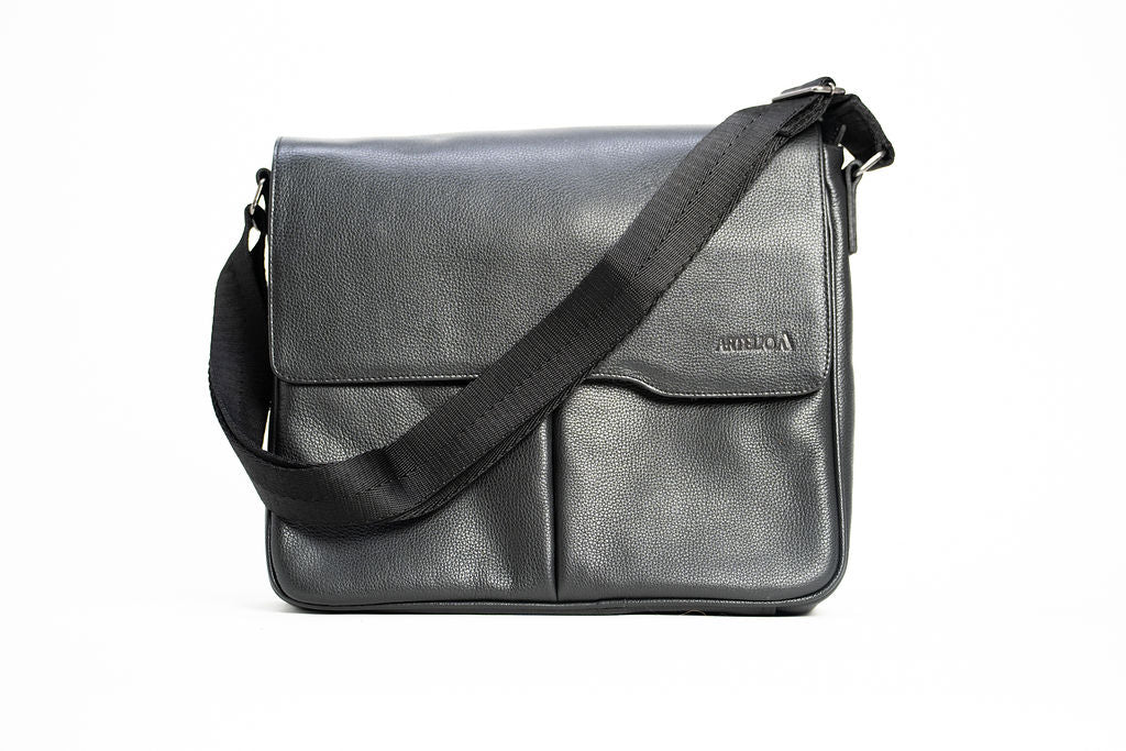 Front view of the Artelio black leather crossbody bag with adjustable shoulder strap and flap closure