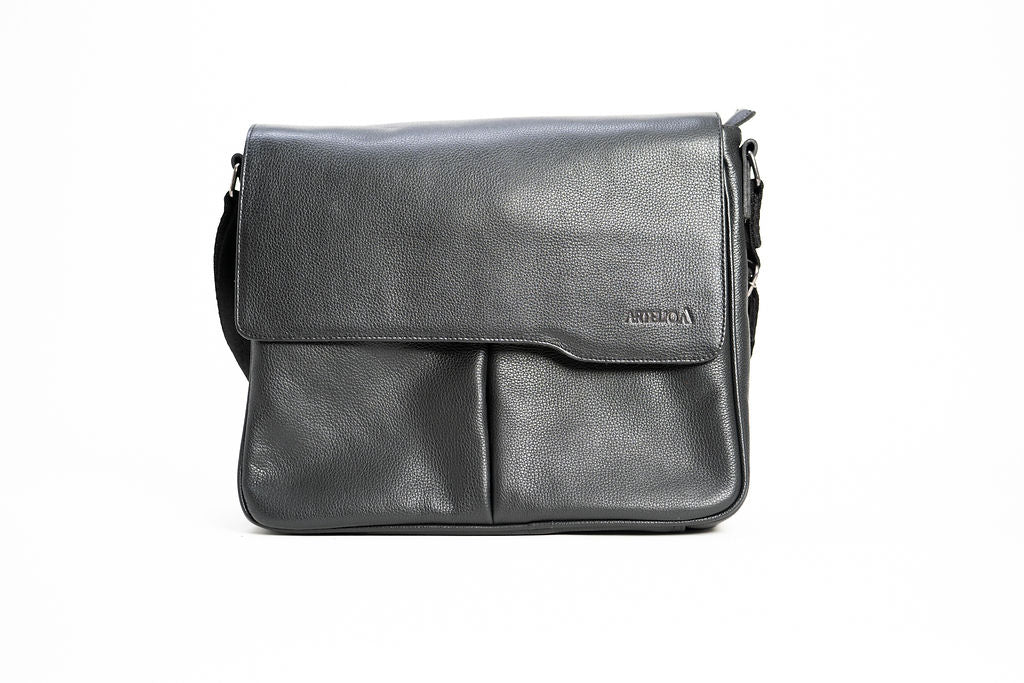 Front view of the Artelio black leather crossbody bag with flap closure and Artelio logo