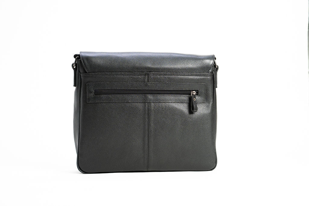 Rear view of the Artelio black leather crossbody bag with exterior zippered pocket