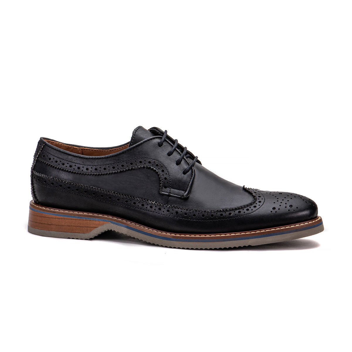 Side profile of The Brasilia black leather wingtip brogue derby with layered sole and hand-stitched welt detail