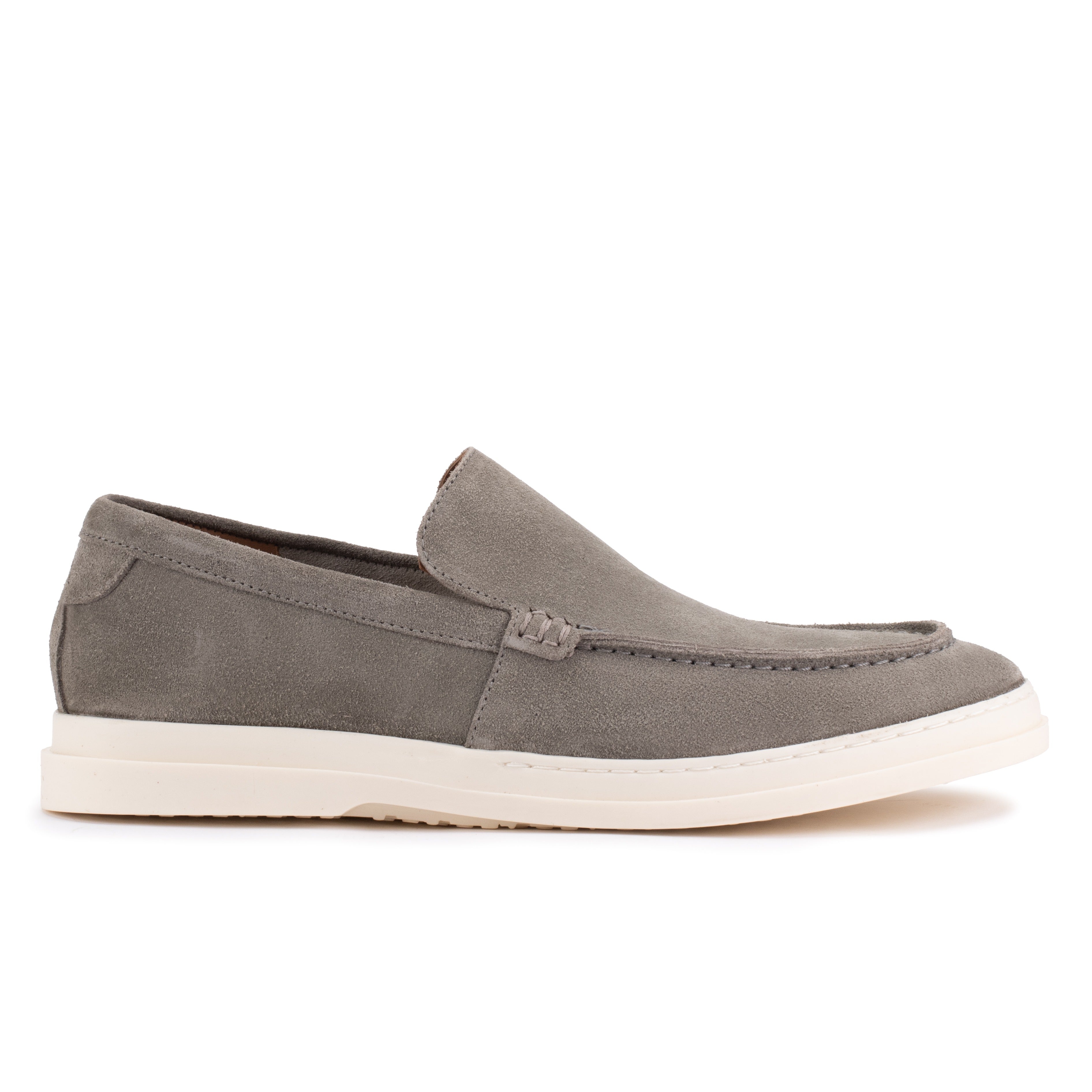 Side profile of the Artelio Deck Rio gray suede loafer with slip-on styling and a white flexible sole