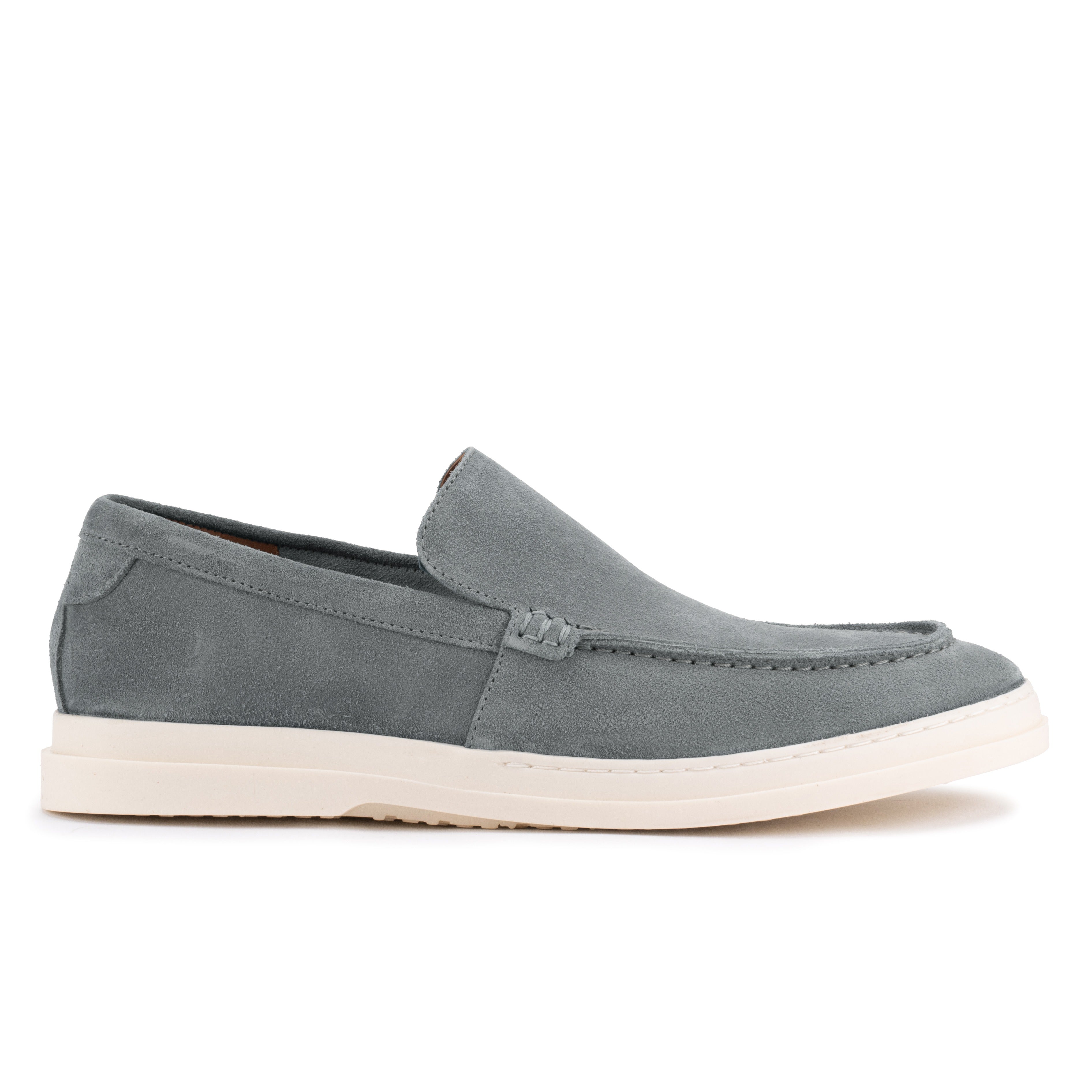 Side profile of the Artelio Deck Rio sky blue suede loafer with slip-on styling and a white flexible sole