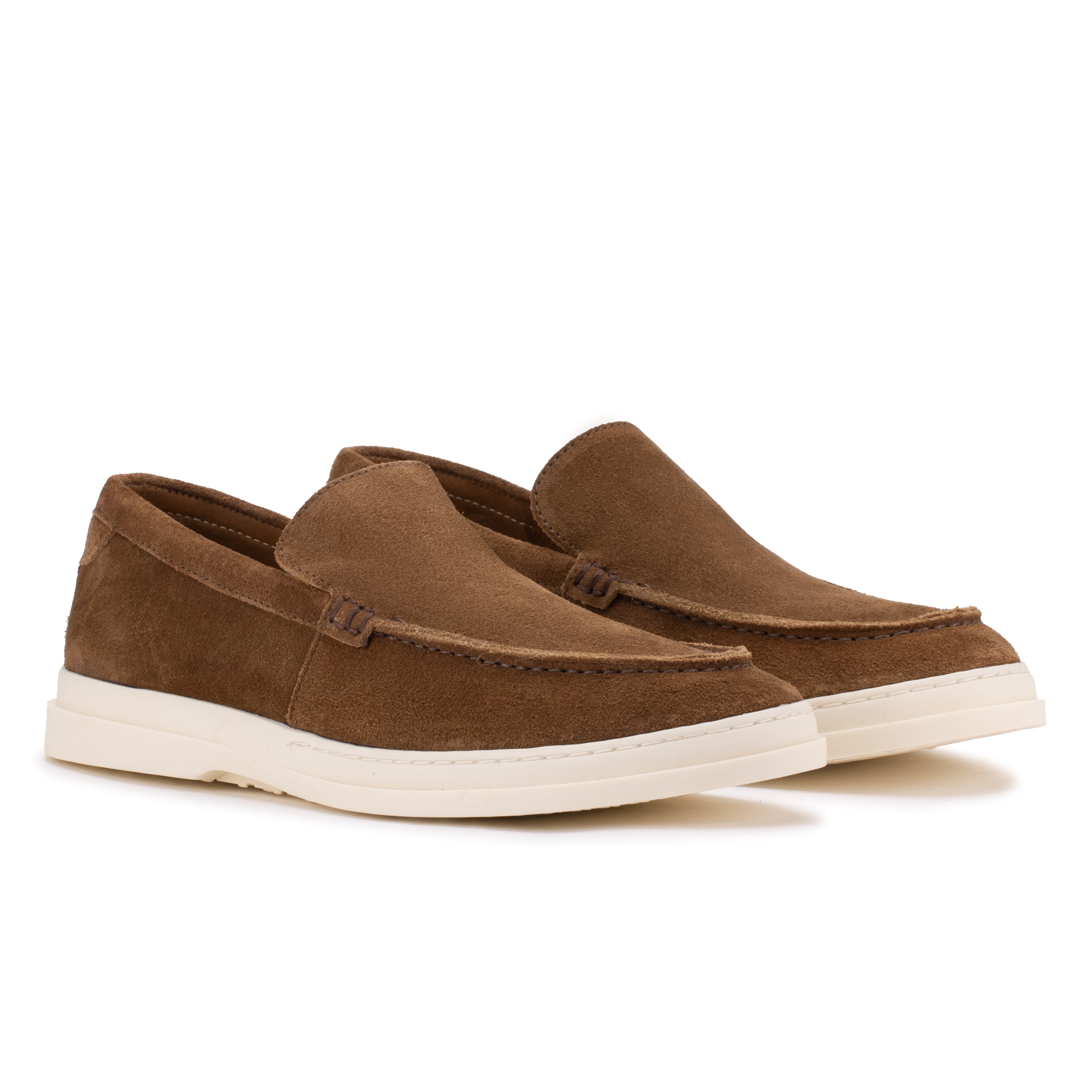 Front angle of the Artelio Deck Rio tobacco suede loafer showing the stitched apron and easy slip-on shape