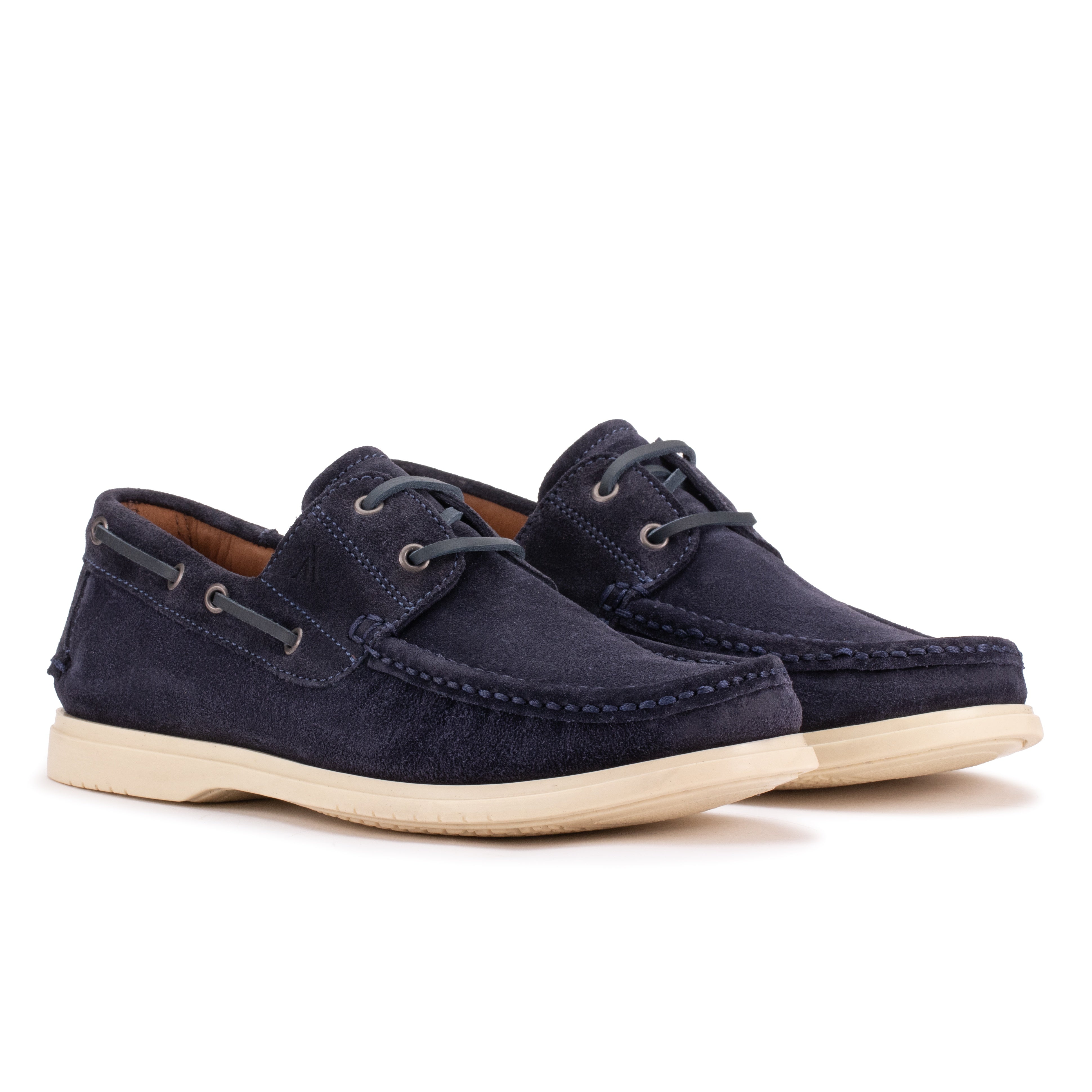 Front angle view of the Artelio Navigator navy suede boat shoes with hand-stitched toe detail