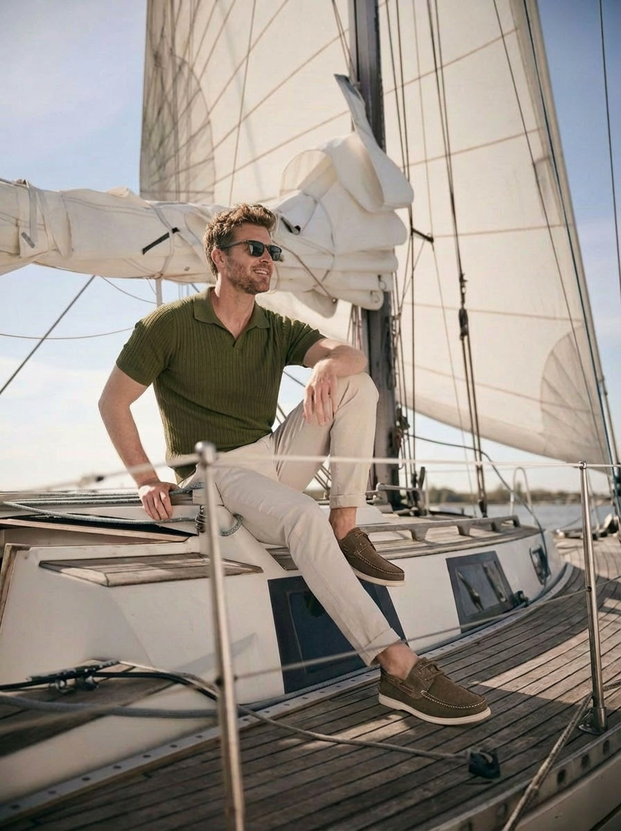 Man wearing Artelio Navigator olive suede boat shoes with light pants on a sailboat