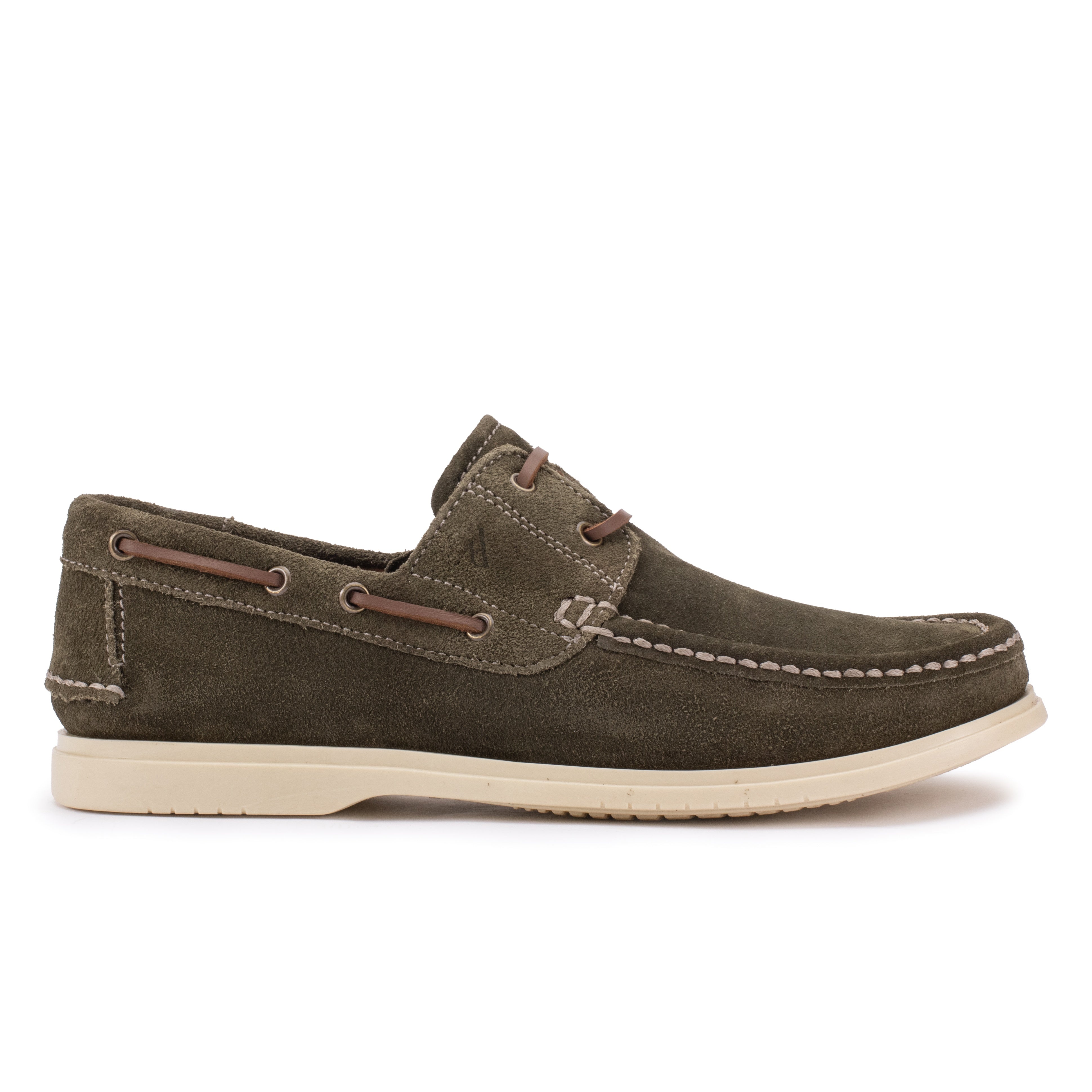 Side profile of the Artelio Navigator olive suede boat shoe with leather laces and a lightweight flexible sole
