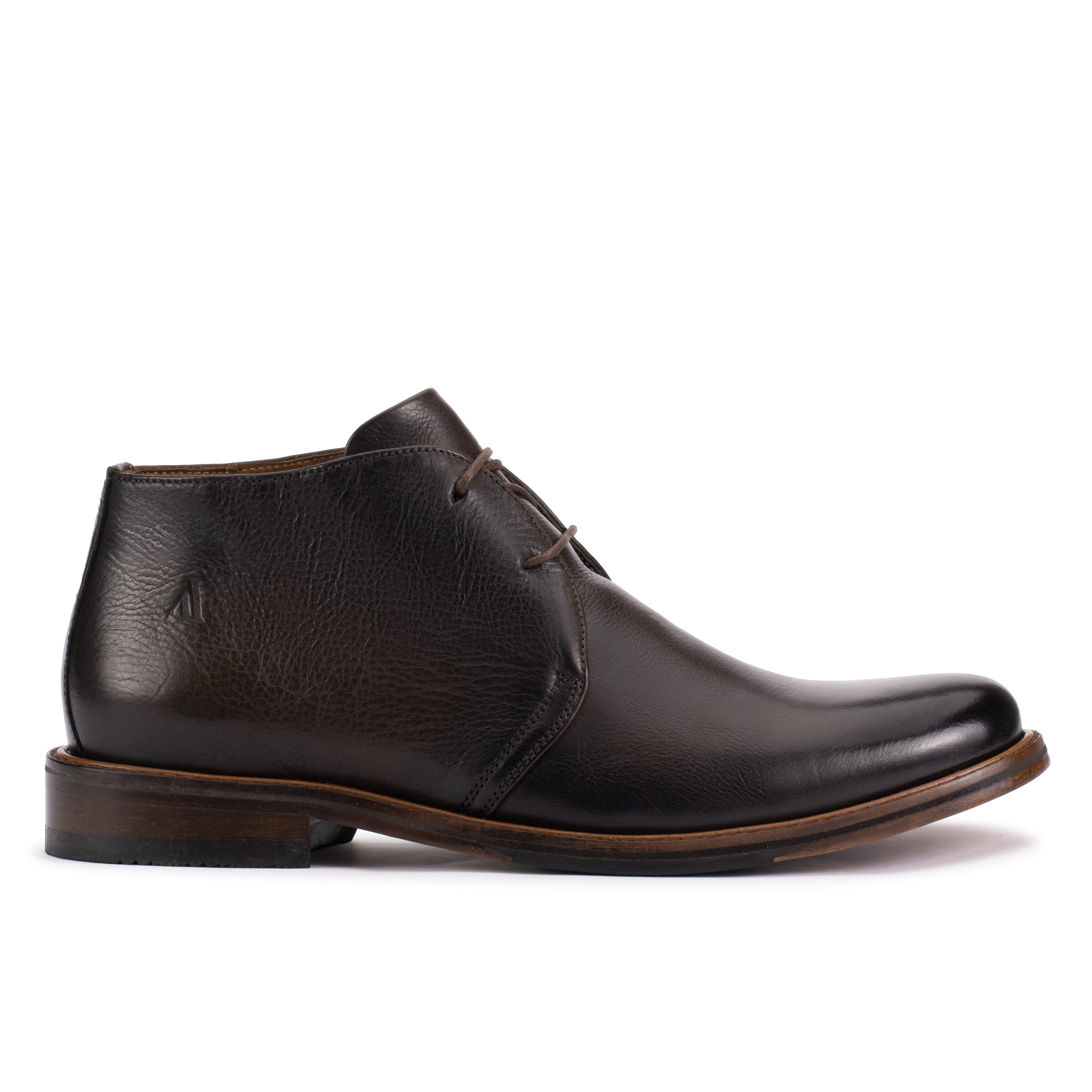 Side profile of the Artelio New Siena rich brown leather chukka boot with a refined sole and low stacked heel
