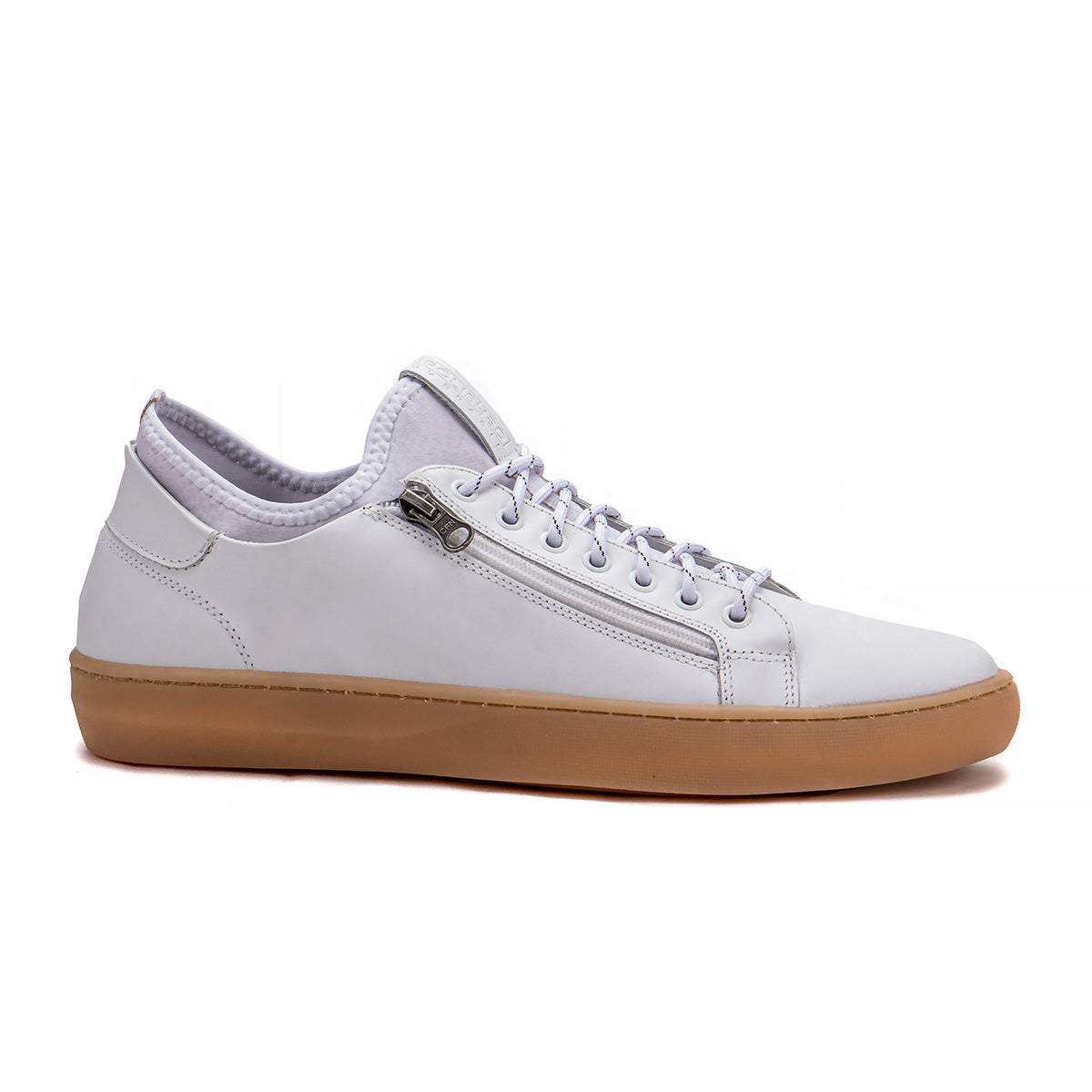 Side profile of the Artelio Pikes Peak white leather side-zip sneaker showing the leather upper and side zipper