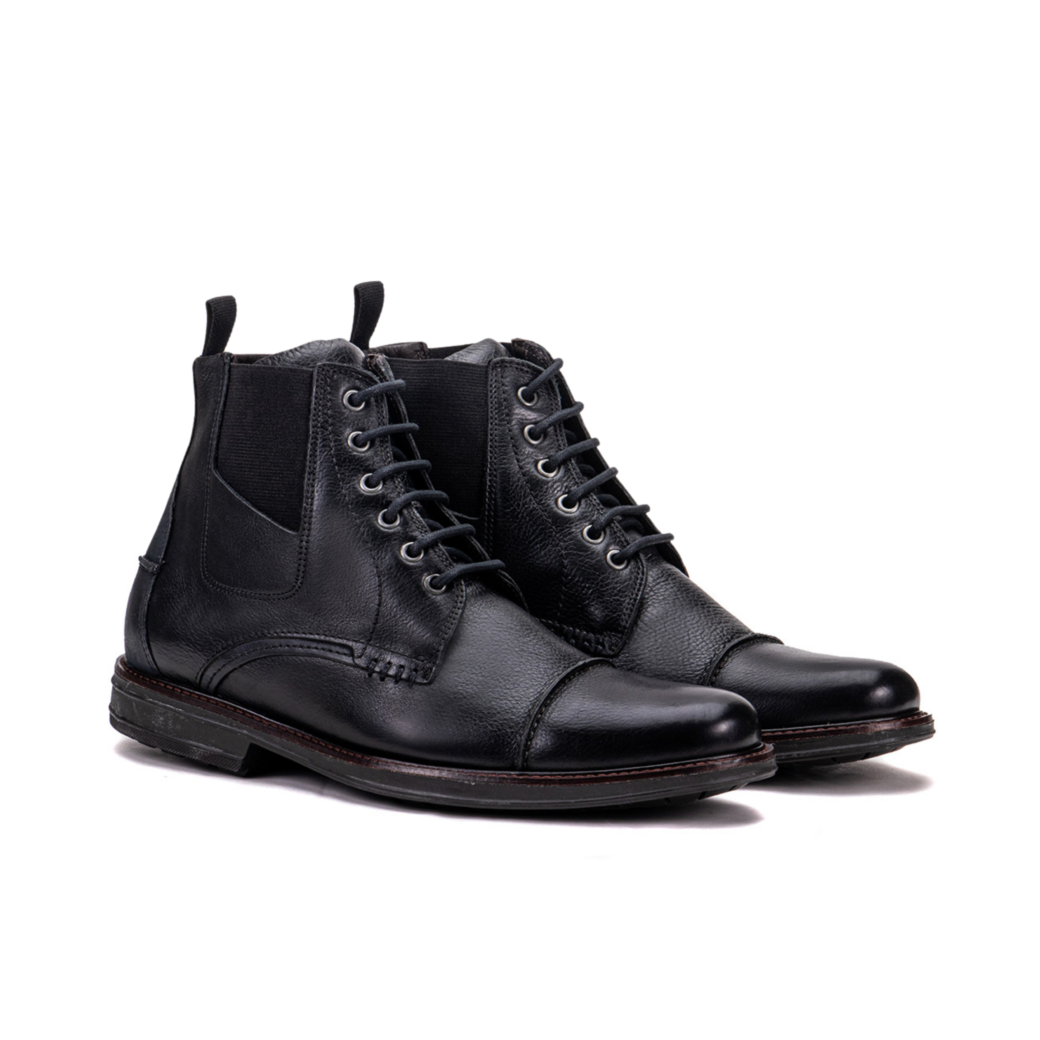 Artelio Pompeii black leather lace-up boot with side stretch panels and a durable grip sole