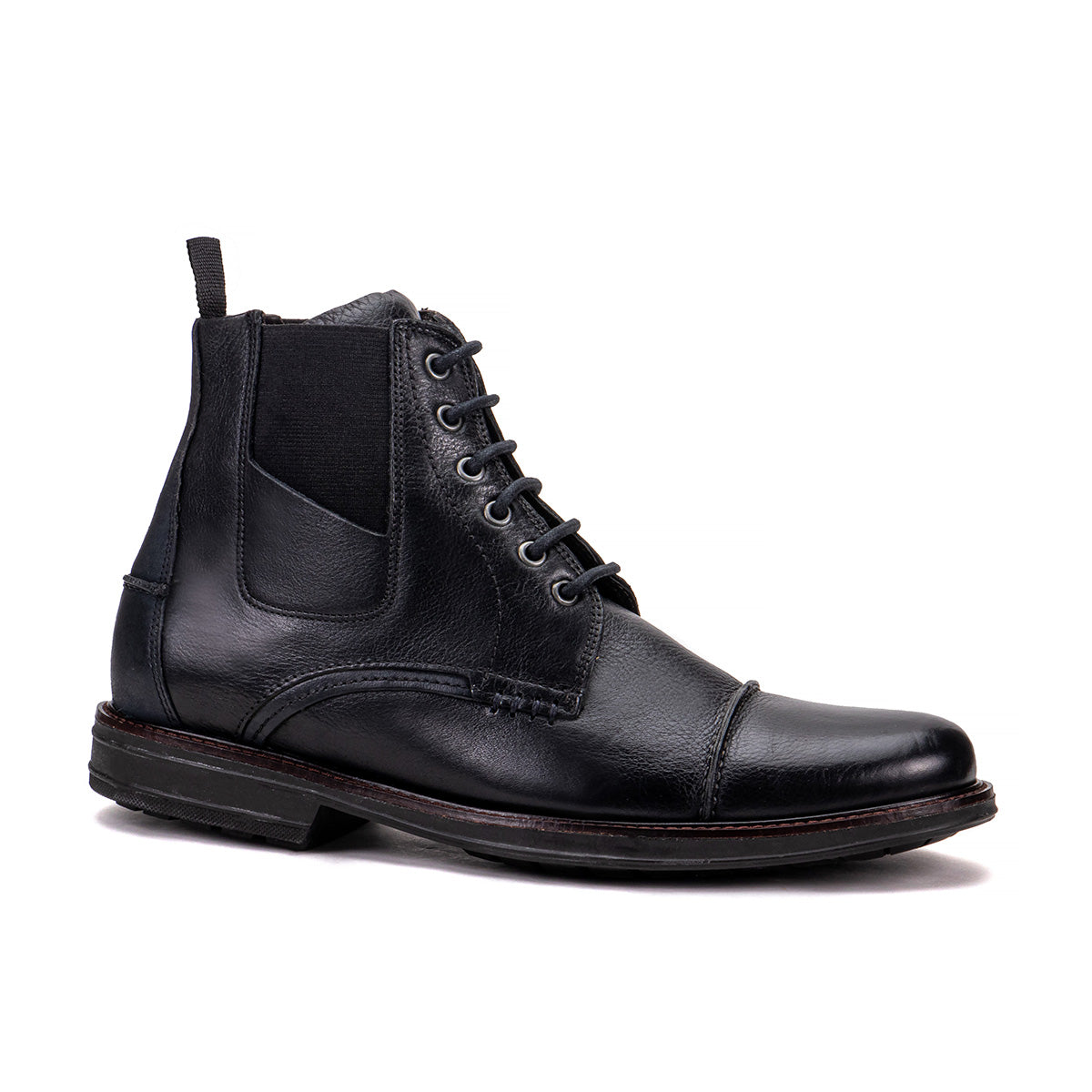 Side profile of the Artelio Pompeii black leather lace-up boot showing the leather upper and boot sole
