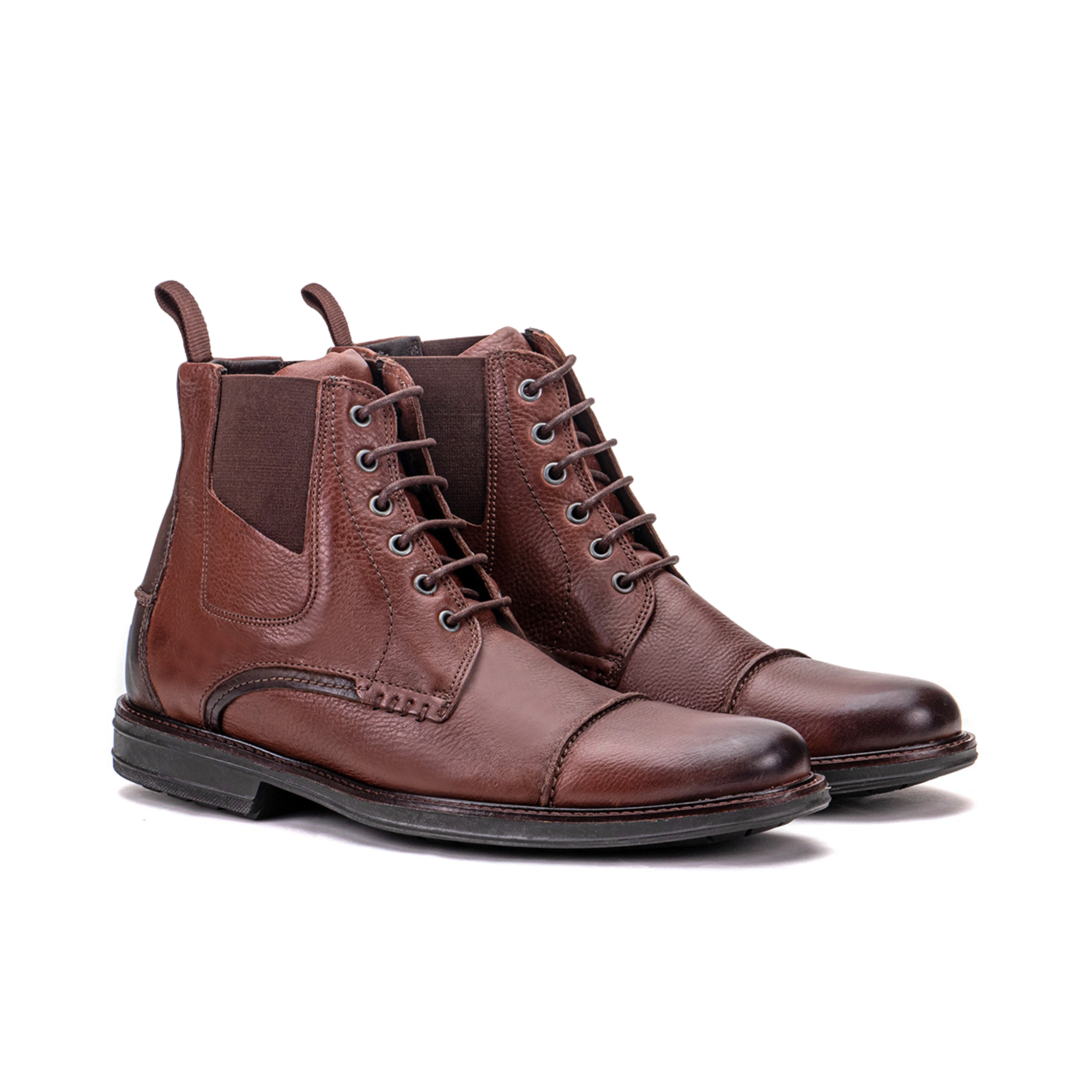 Artelio Pompeii dark chocolate leather lace-up boot with side stretch panels and a durable grip sole