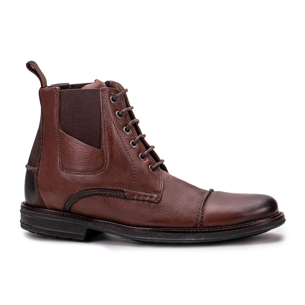 Side profile of the Artelio Pompeii dark chocolate leather lace-up boot showing the leather upper and boot sole