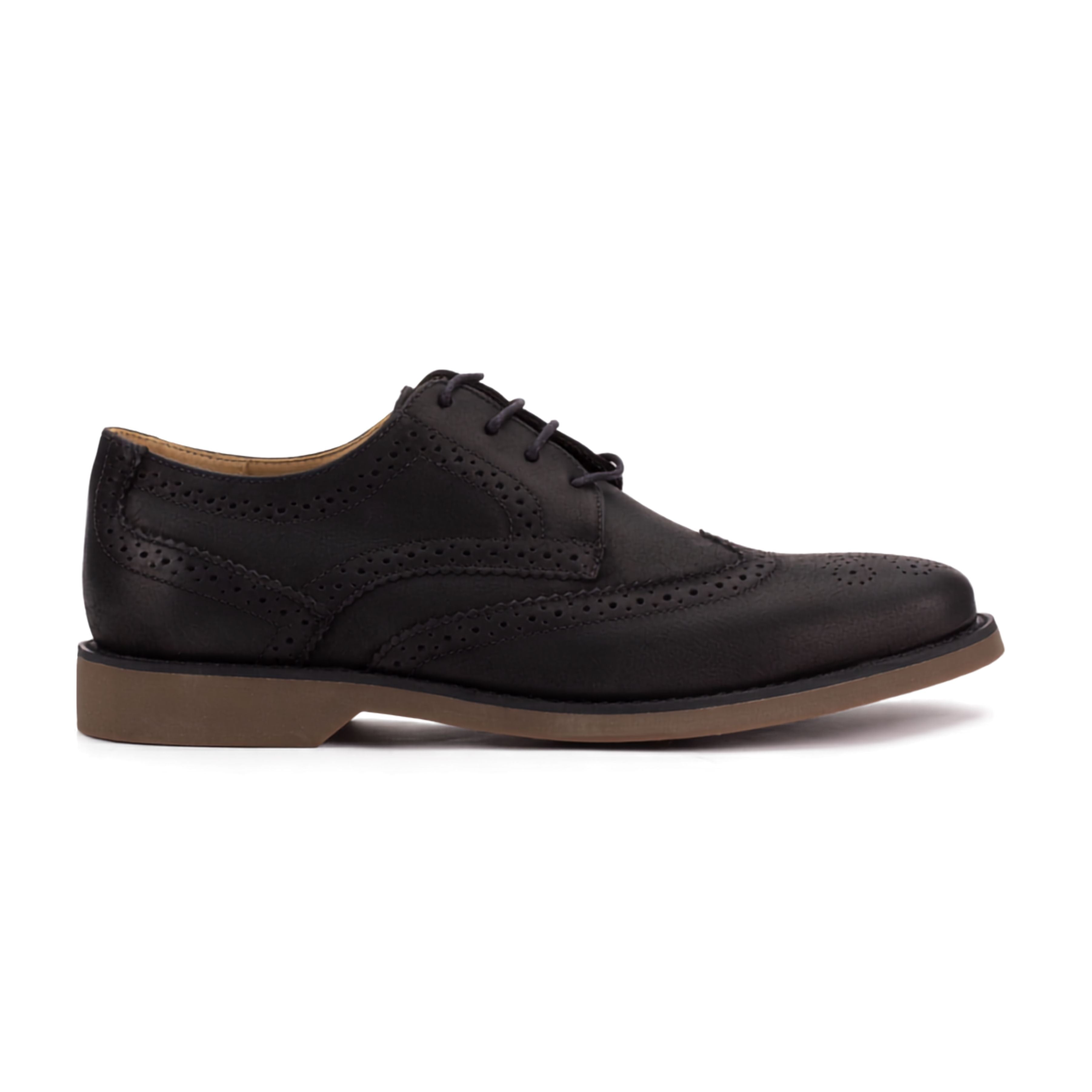 Side profile of the Artelio Santiago classic black leather wingtip derby showing wingtip brogue detail