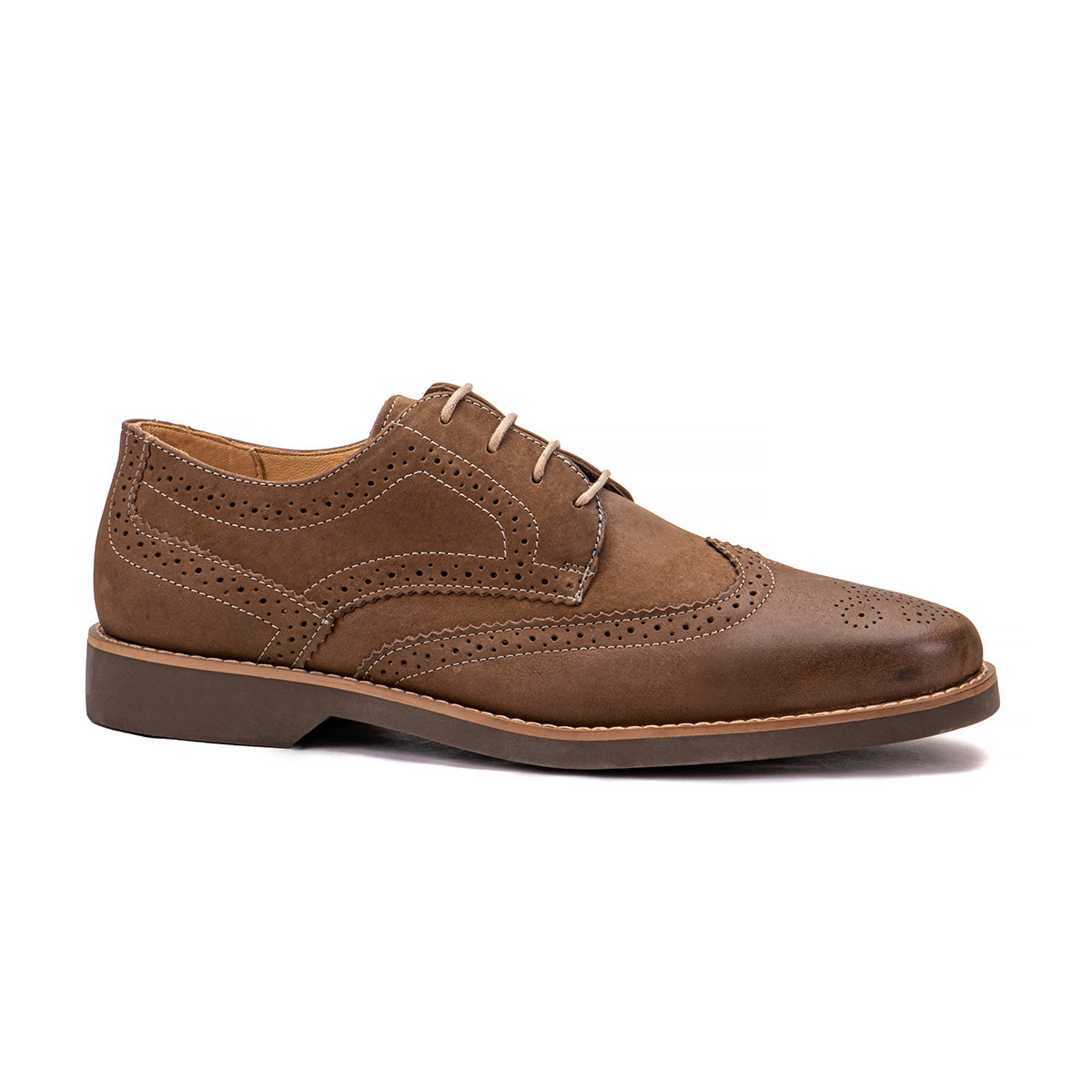 Side profile of the Artelio Santiago earth brown leather wingtip derby showing wingtip brogue detail