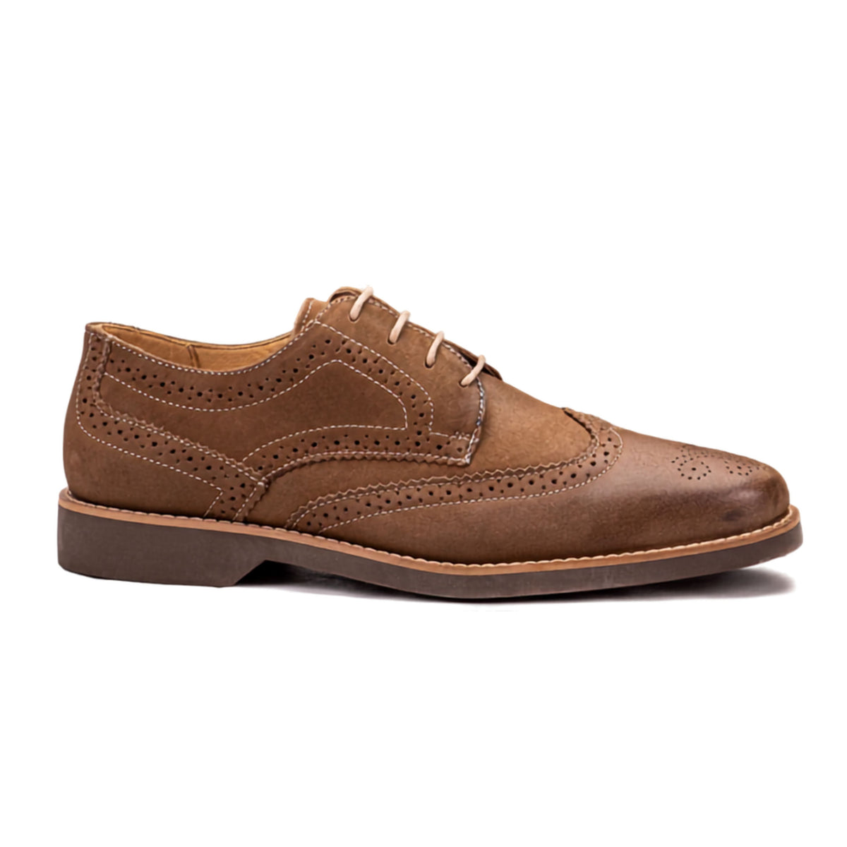 Side profile of the Artelio Santiago earth brown leather wingtip derby showing wingtip brogue detail