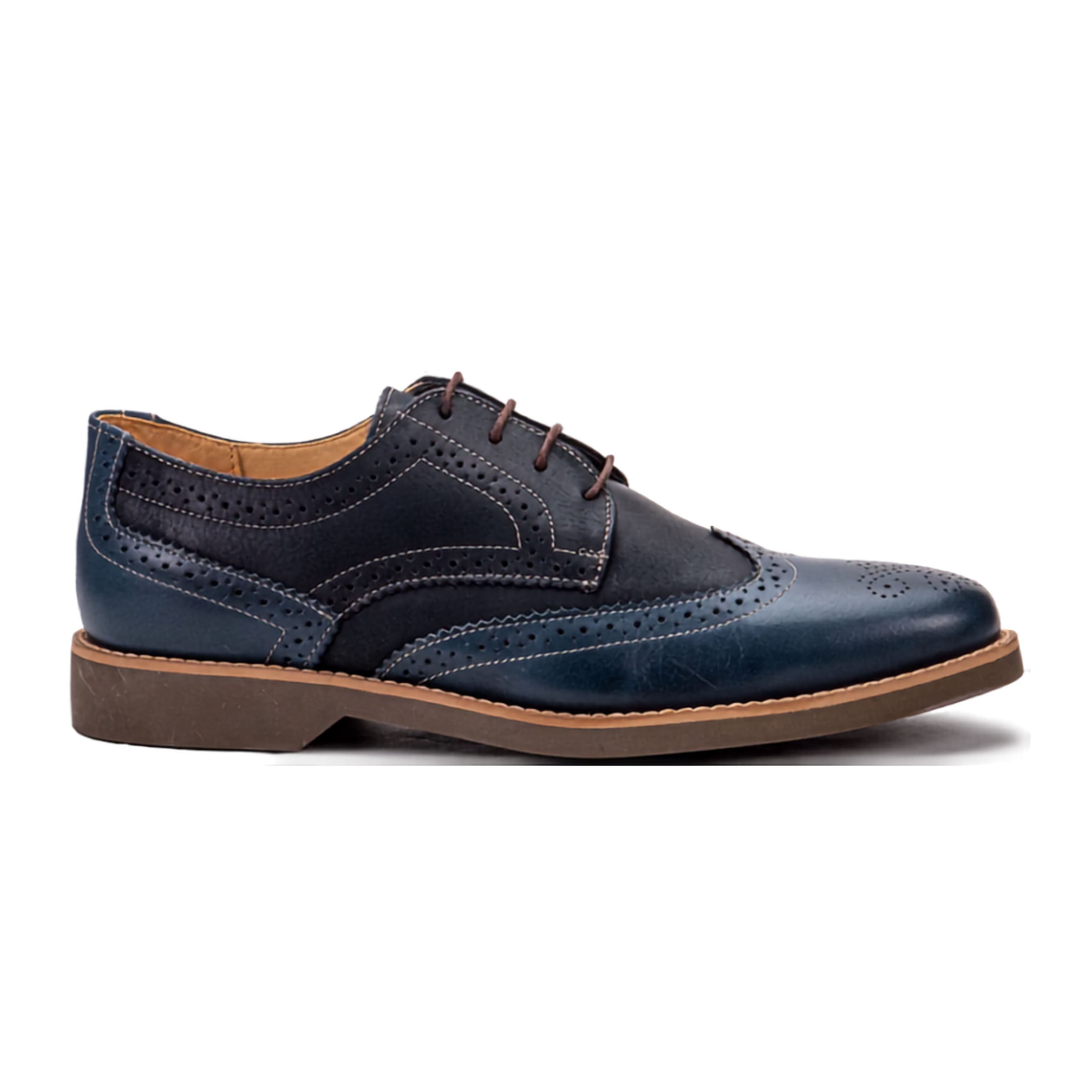 Side profile of the Artelio Santiago navy blue leather wingtip derby showing wingtip brogue detail