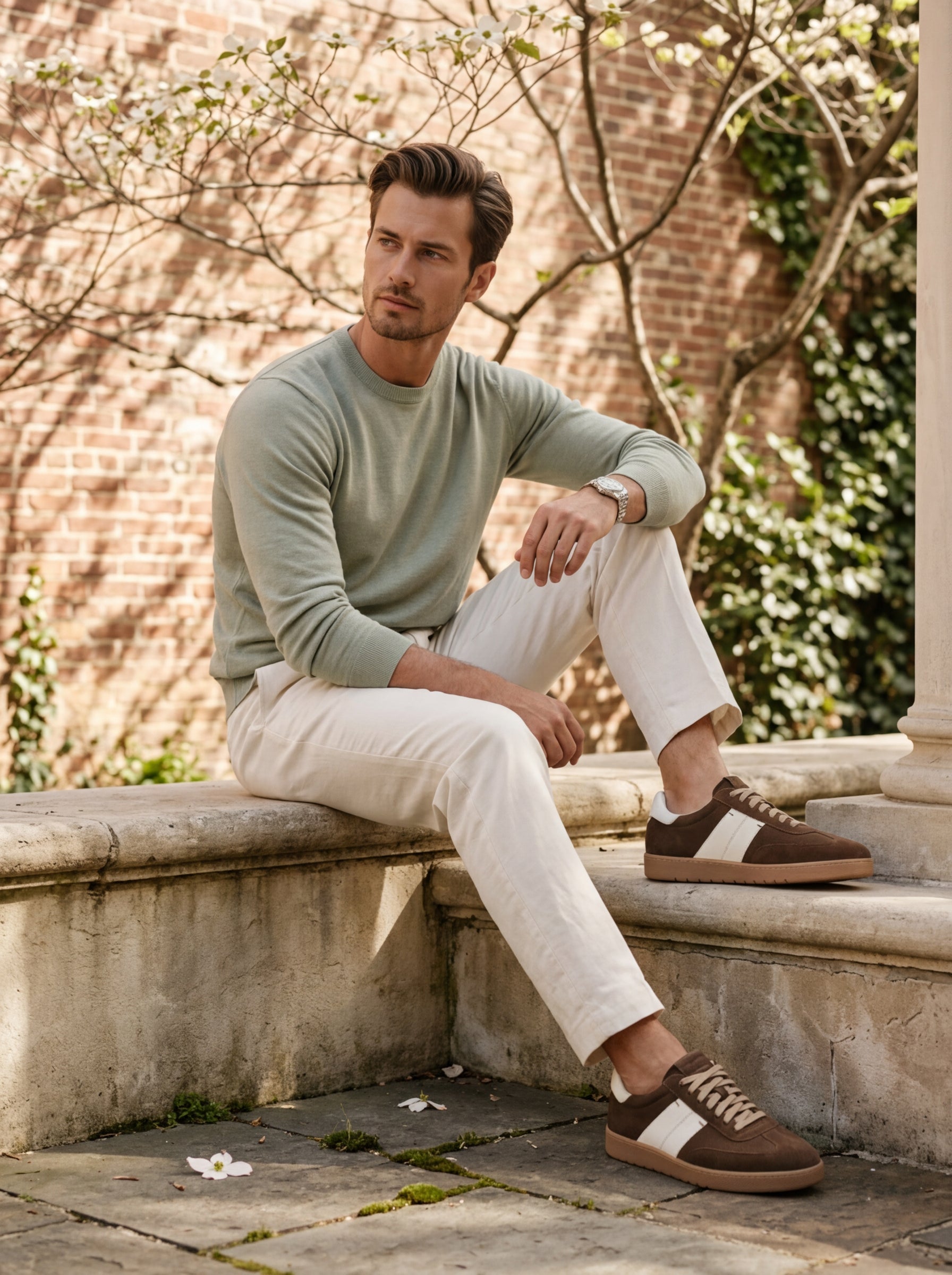 Seated lifestyle view of the Artelio Strata chocolate suede sneaker with relaxed light trousers