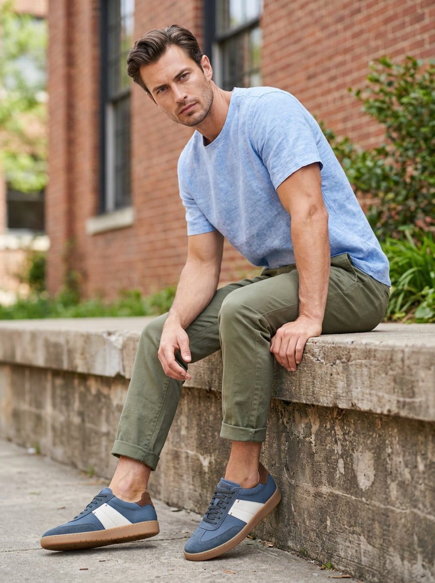Lifestyle view of the Artelio Strata jeans blue suede sneaker styled with light trousers and a casual shirt