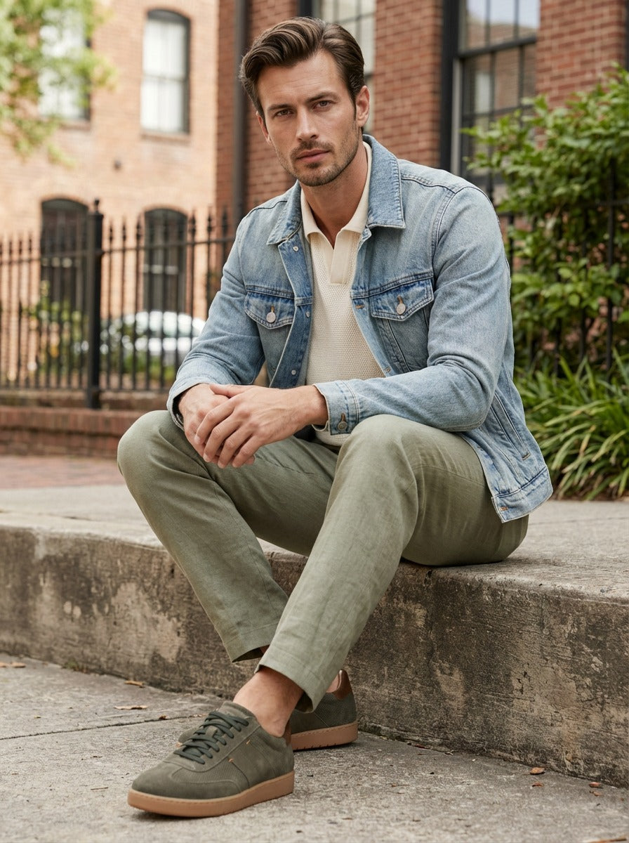 Lifestyle view of the Artelio Strata olive suede sneaker styled with a denim jacket and casual trousers