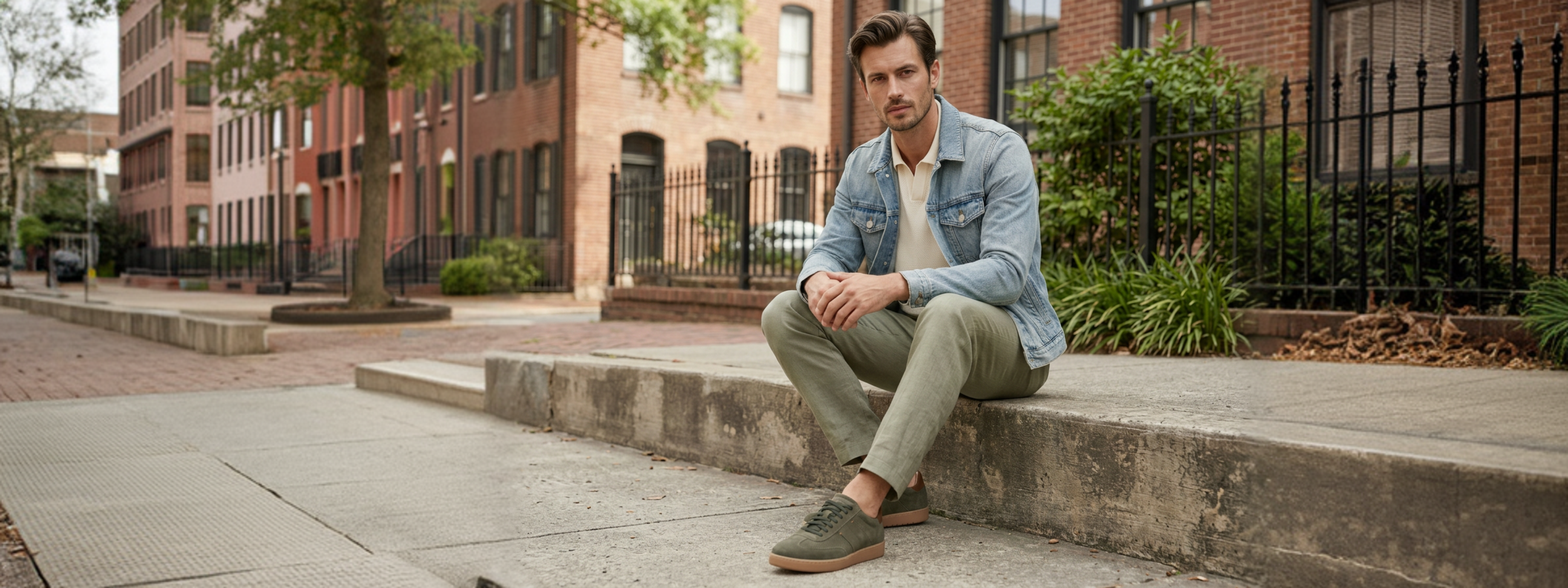 A man sits on concrete steps on a city sidewalk, wearing a light blue denim jacket over a cream shirt, olive green trousers, and olive green loafers. Brick apartment buildings and a black iron fence are in the background.
