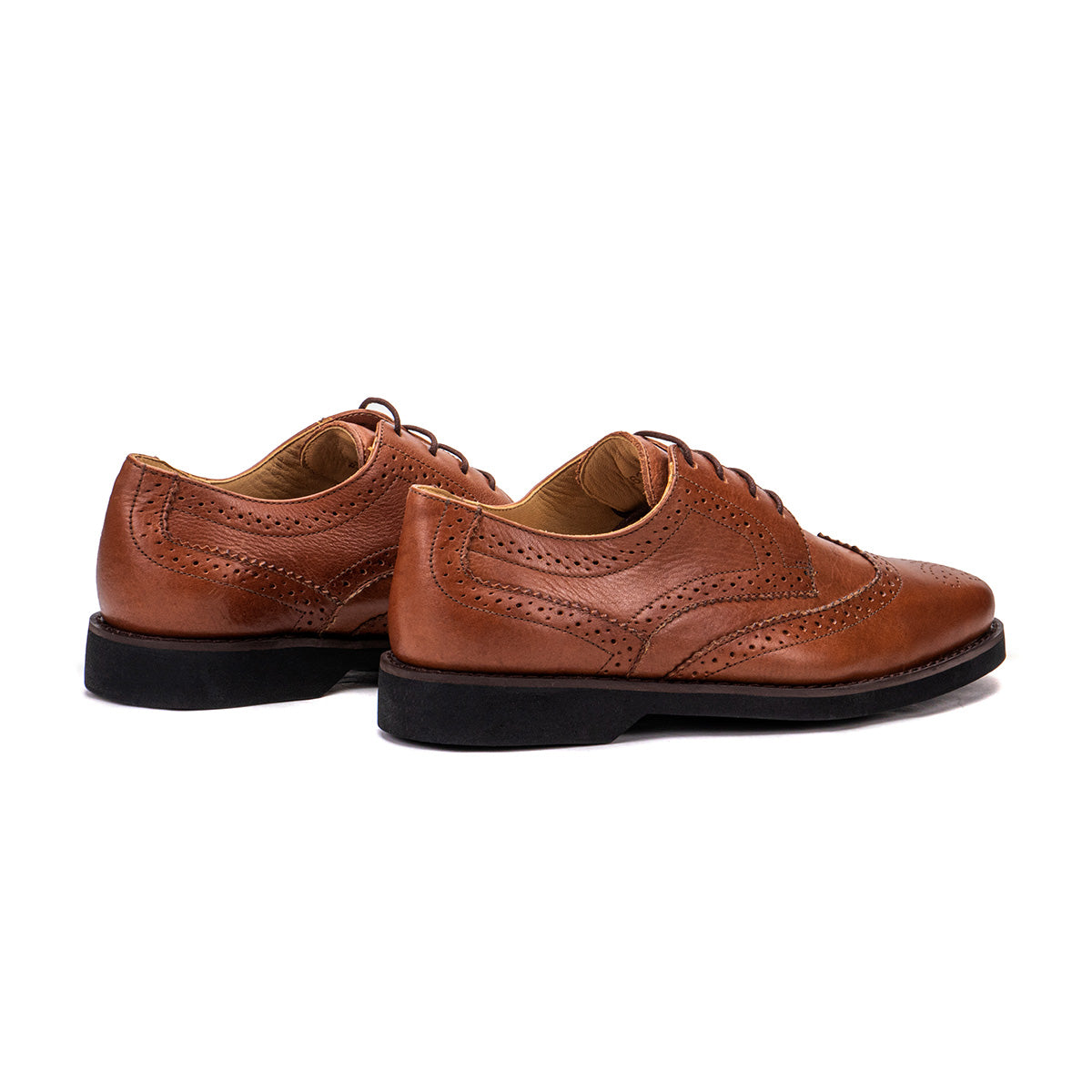 Rear angle of the Artelio Santiago conservative cognac leather wingtip derby showing the heel and leather upper