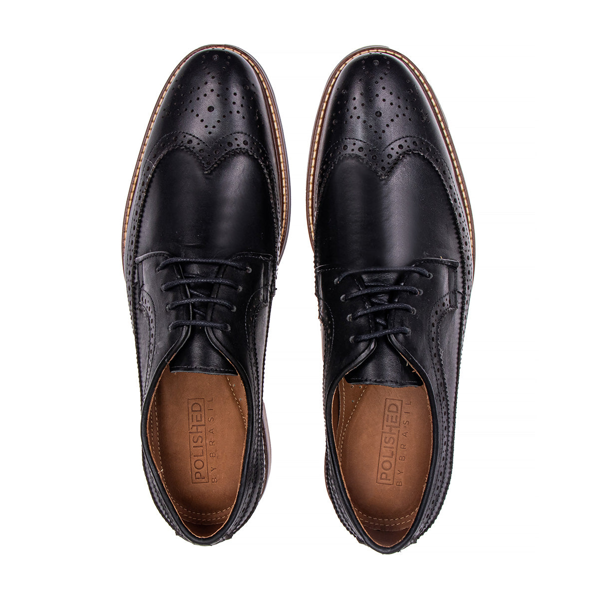 Top view of The Brasilia black leather wingtip brogue derby showing laces and brogue detailing