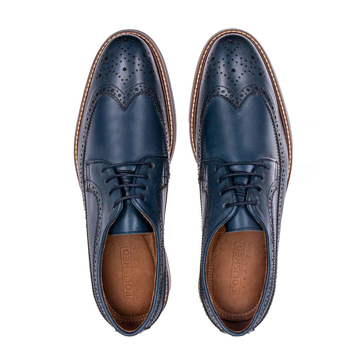 Top view of The Brasilia blue leather wingtip brogue derby showing laces and brogue detailing