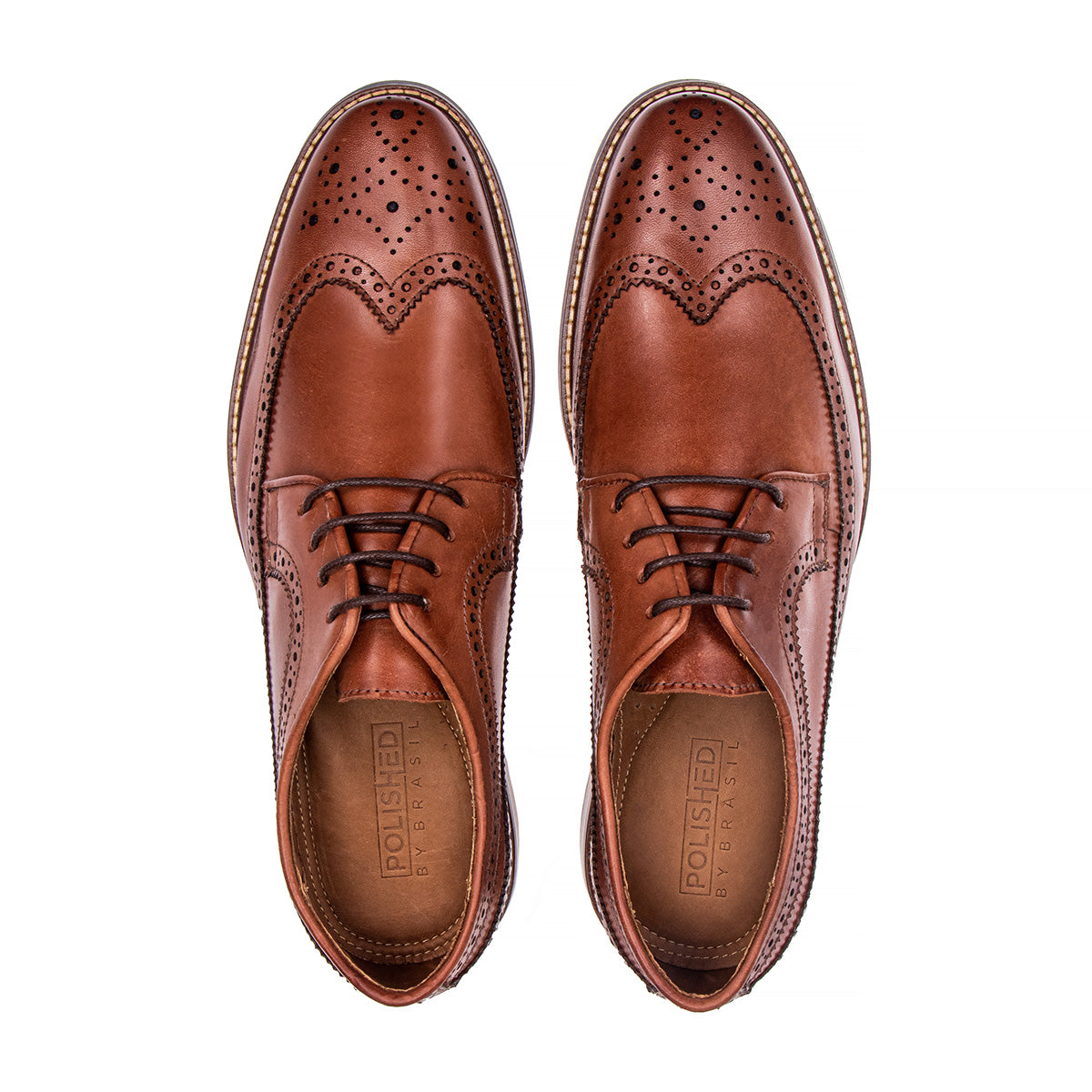Top view of The Brasilia terracotta leather wingtip brogue derby showing laces and brogue detailing