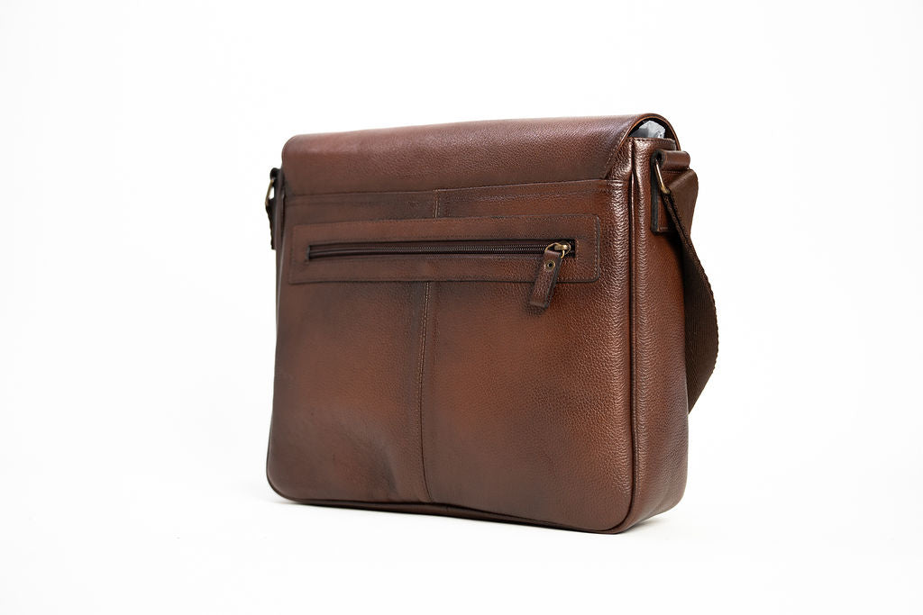 Alternate rear angle of the Artelio brown leather crossbody bag with zippered exterior pocket
