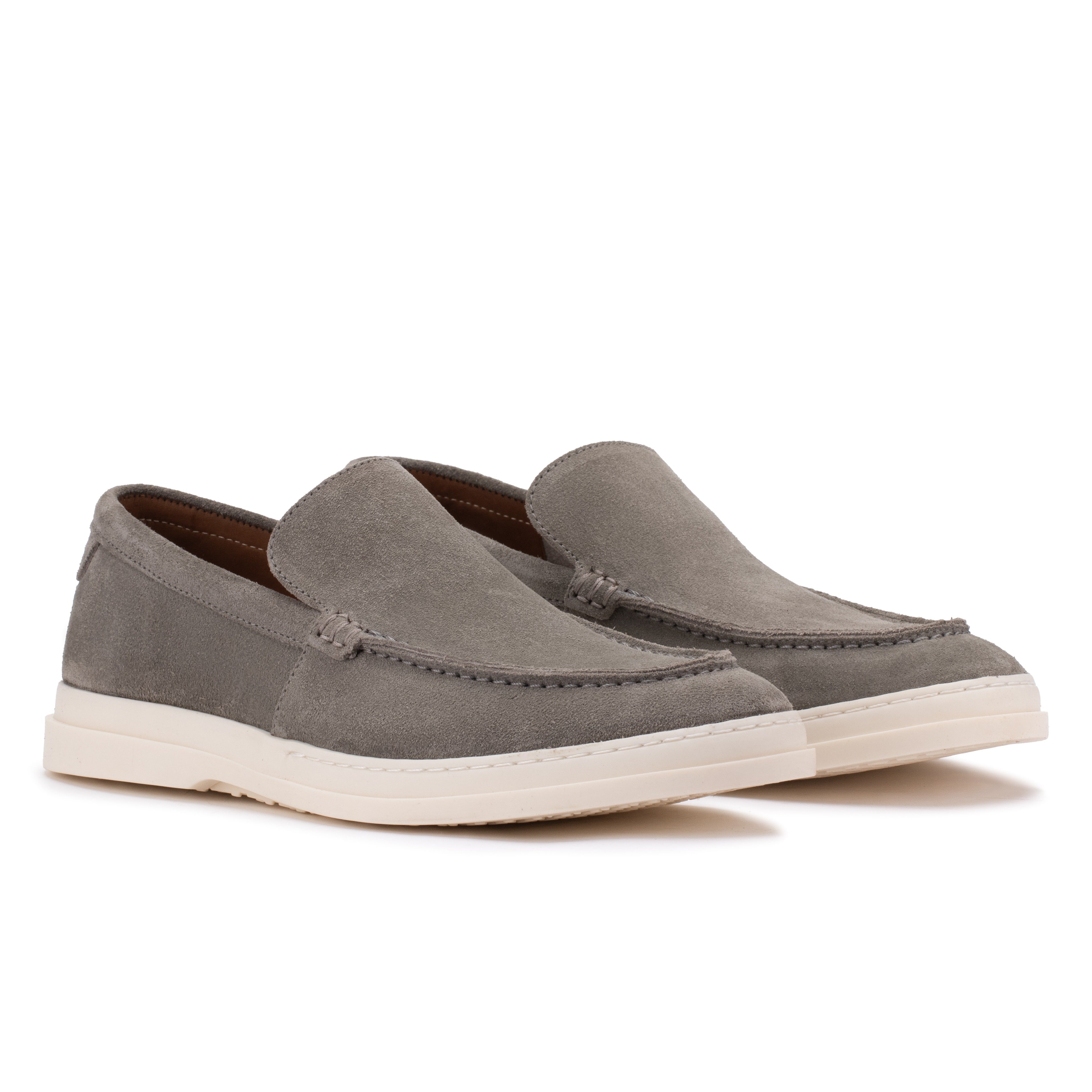 Front angle of the Artelio Deck Rio gray suede loafer showing the stitched apron and easy slip-on shape