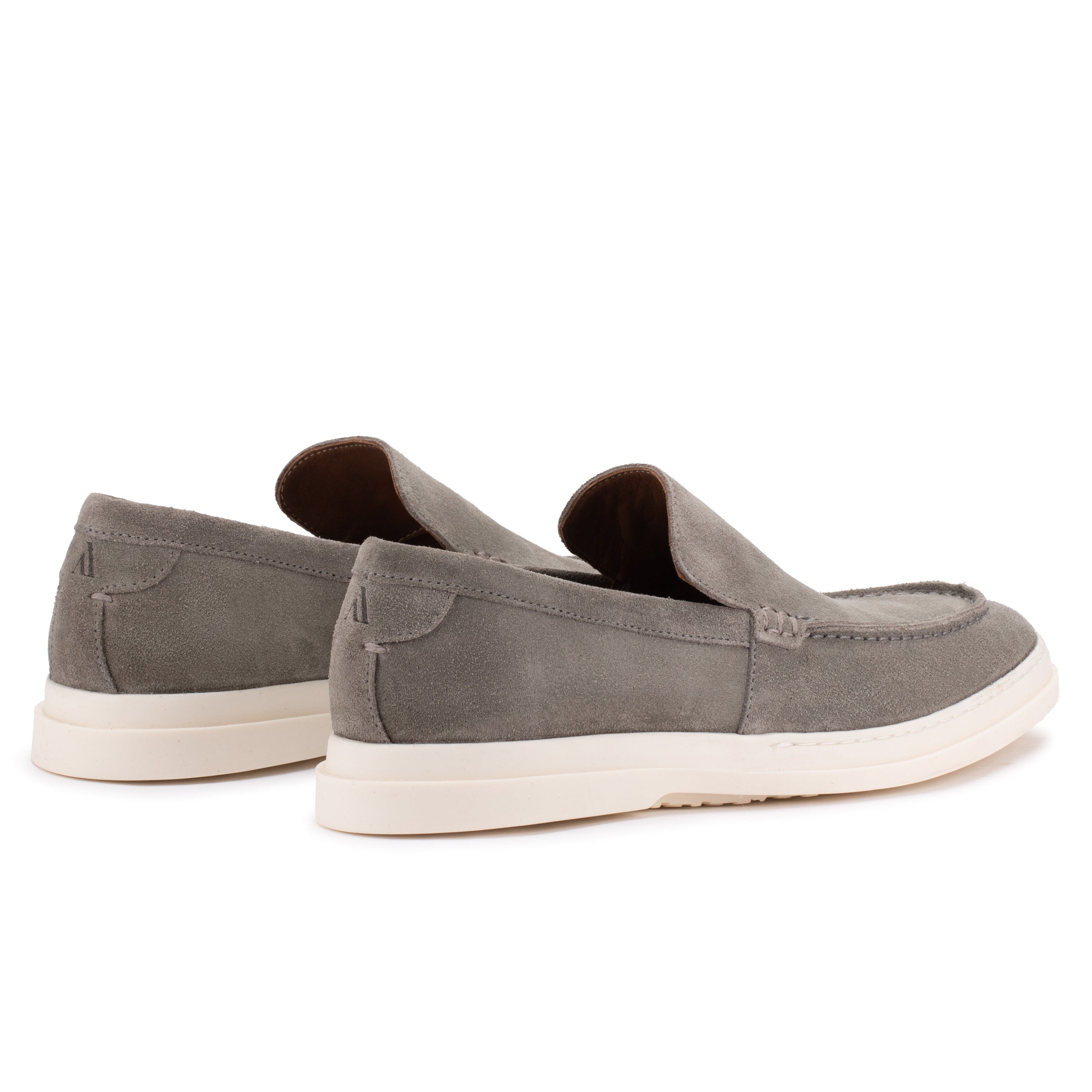 Rear angle of the Artelio Deck Rio gray suede loafer with soft suede upper and low-profile sole