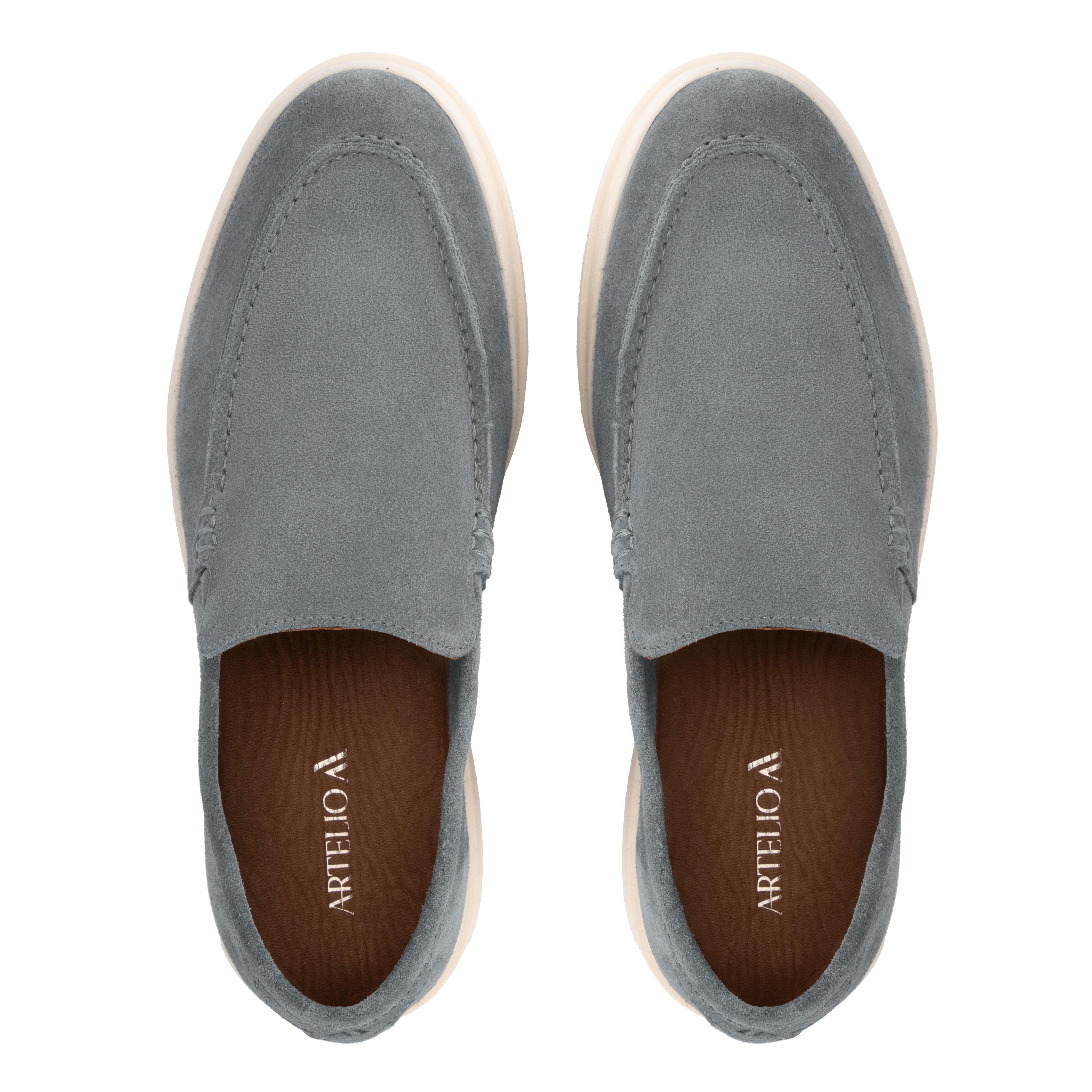 Top view of the Artelio Deck Rio sky blue suede loafer with sheepskin leather lining and rounded toe