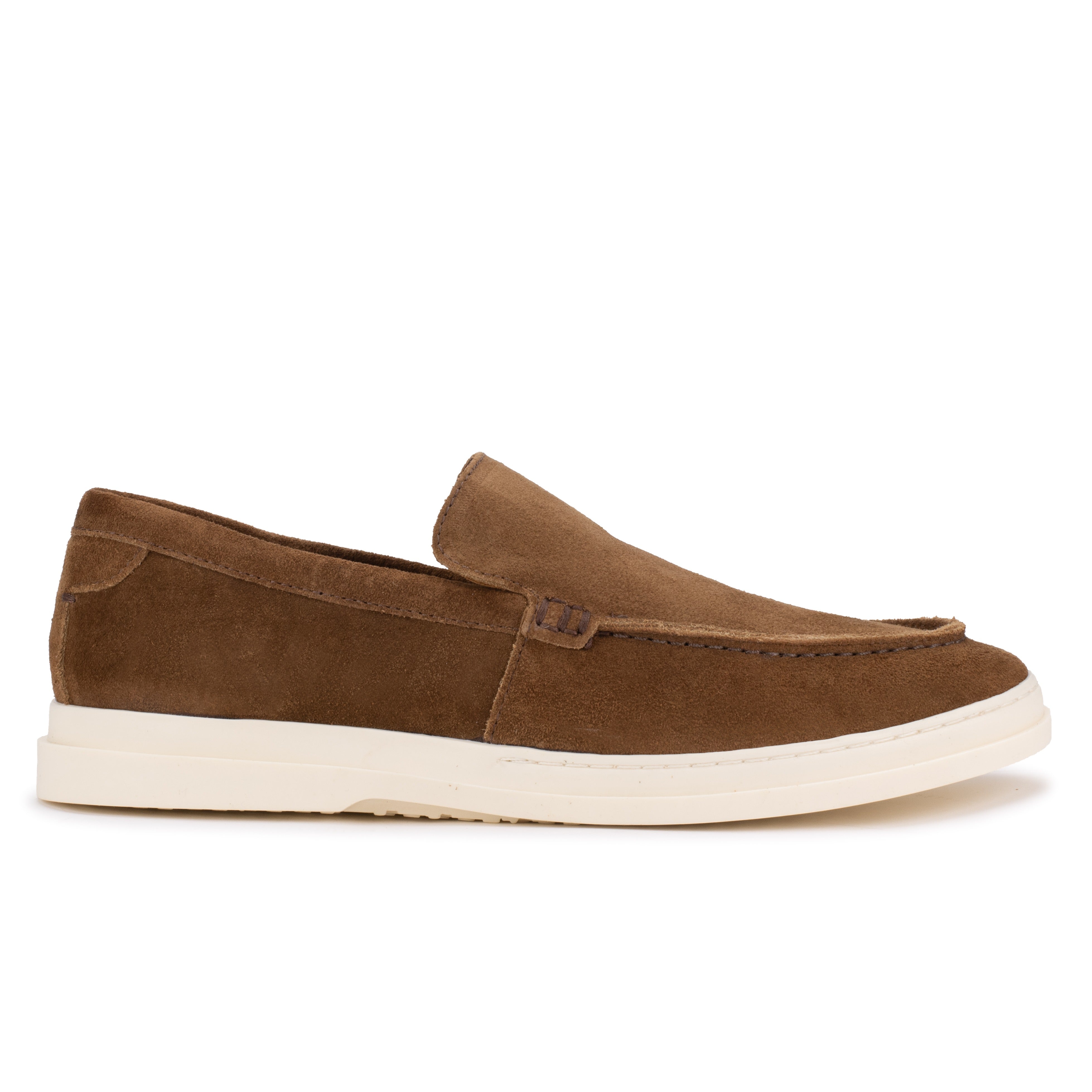 Side profile of the Artelio Deck Rio tobacco suede loafer with slip-on styling and a white flexible sole