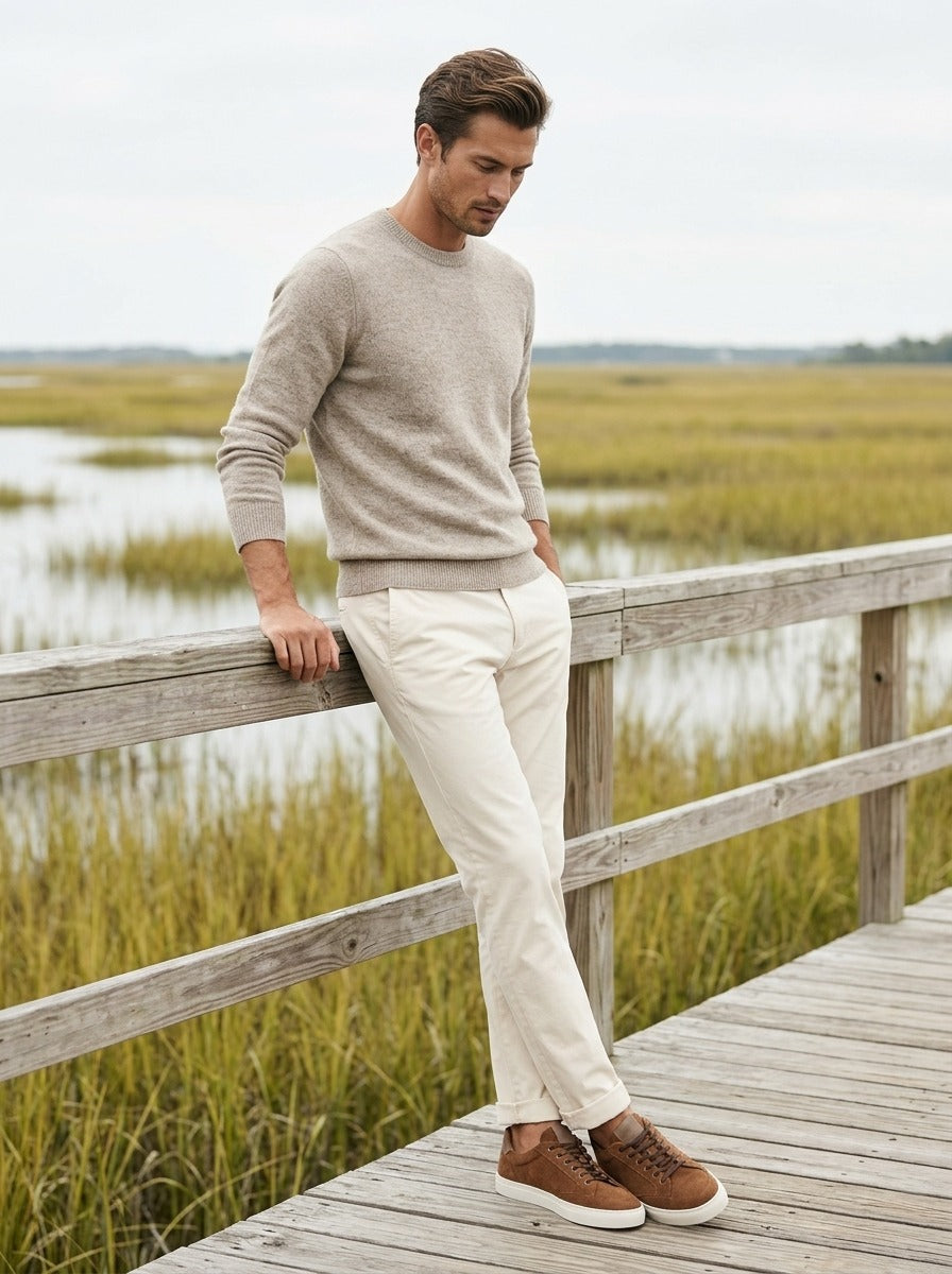 Lifestyle image of the Artelio Elasticore cognac nubuck sneaker styled for relaxed travel