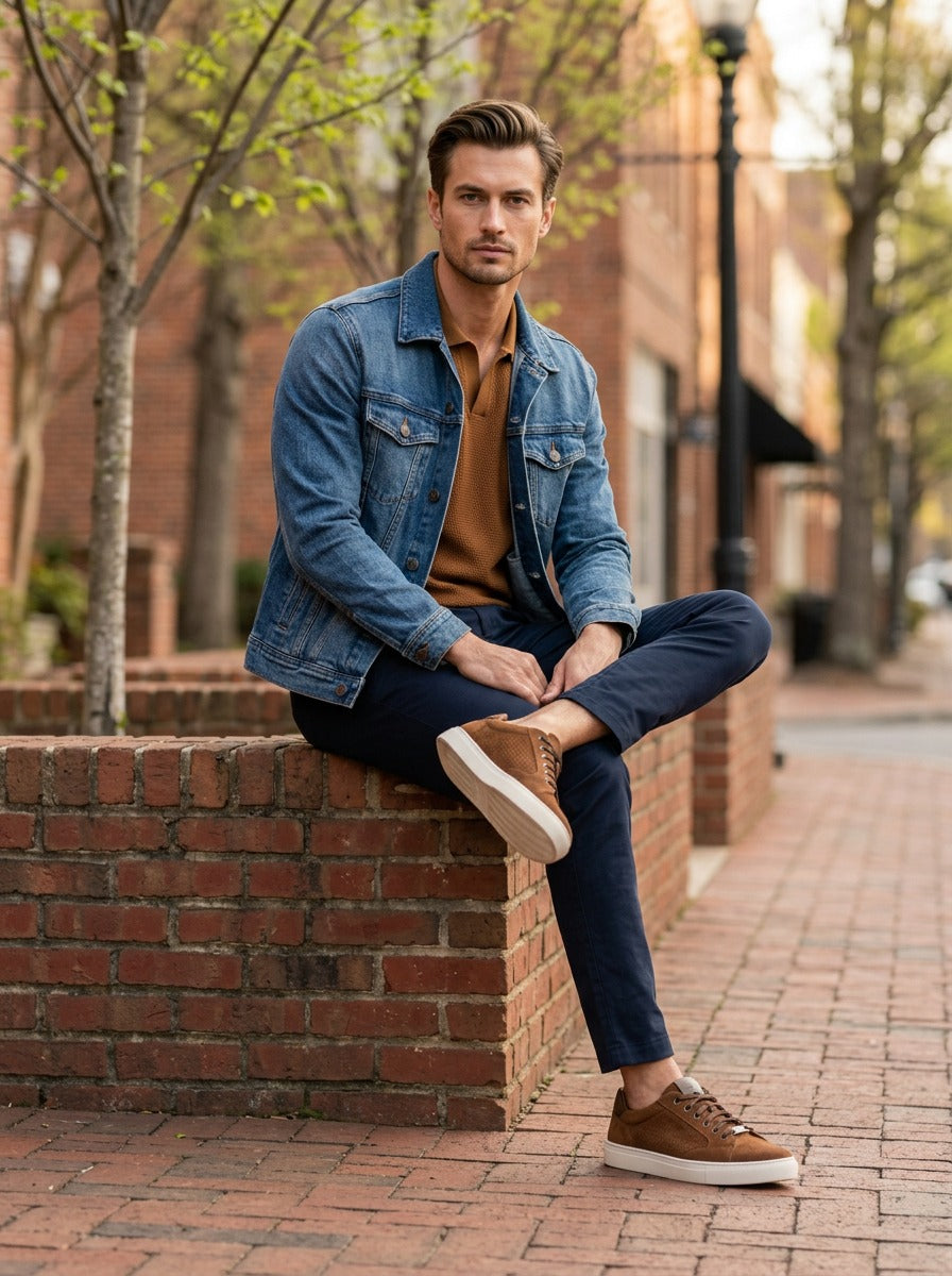 Lifestyle image of the Artelio Elasticore cognac nubuck sneaker styled with a denim jacket
