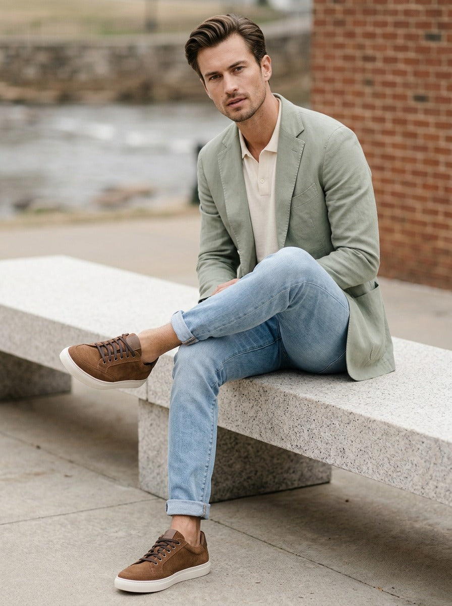 Lifestyle image of the Artelio Elasticore cognac nubuck sneaker styled with denim and casual layers