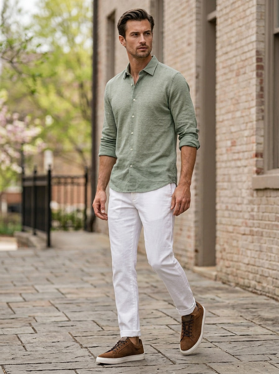 Lifestyle walking image of the Artelio Elasticore cognac nubuck sneaker with light trousers