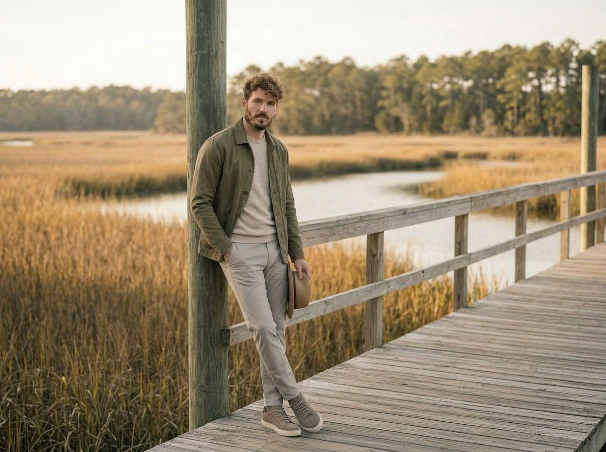 Lifestyle image of the Artelio Elasticore gray nubuck sneaker styled near the water