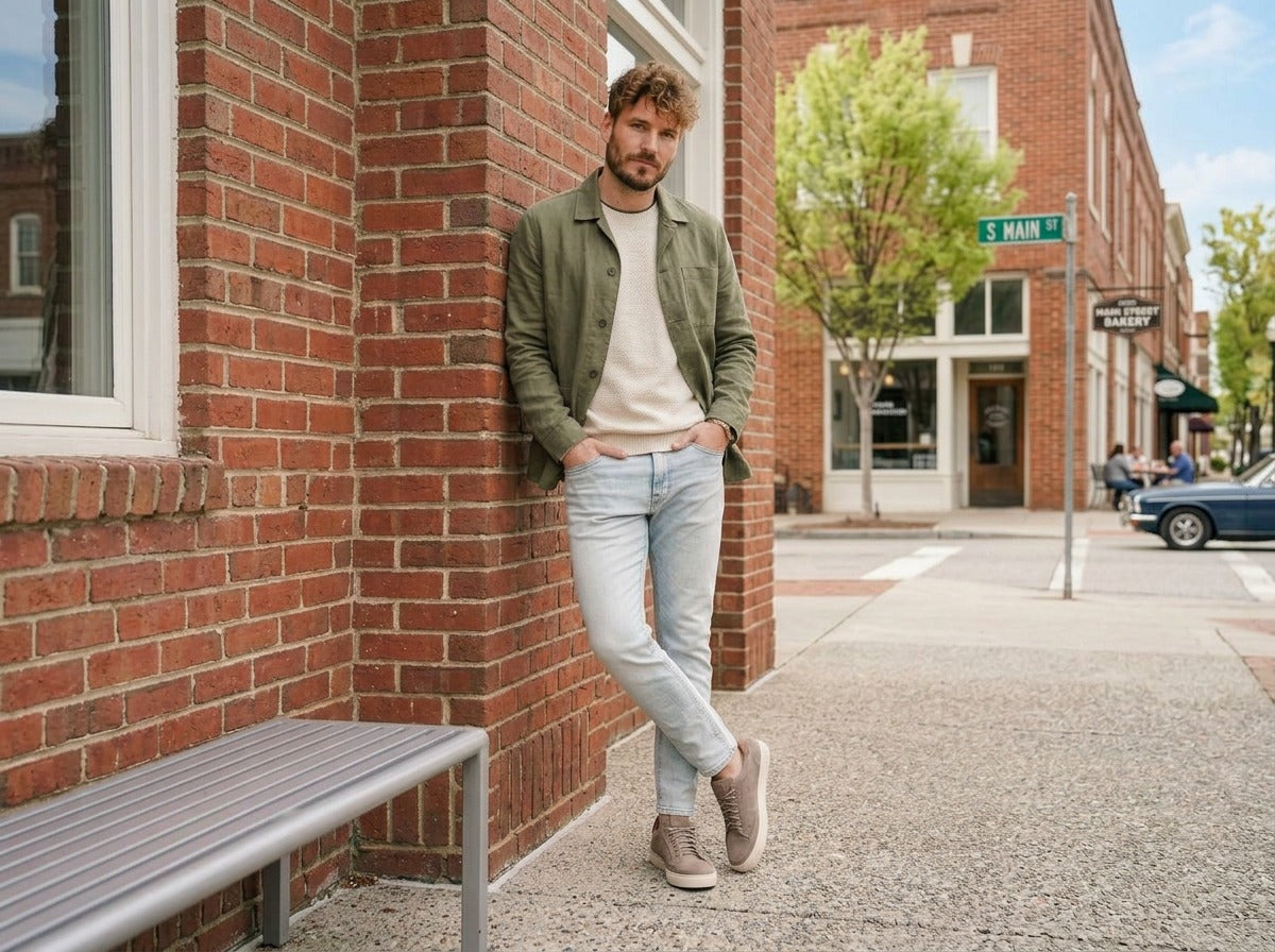 Lifestyle image of the Artelio Elasticore gray nubuck sneaker styled with casual layers near a brick street