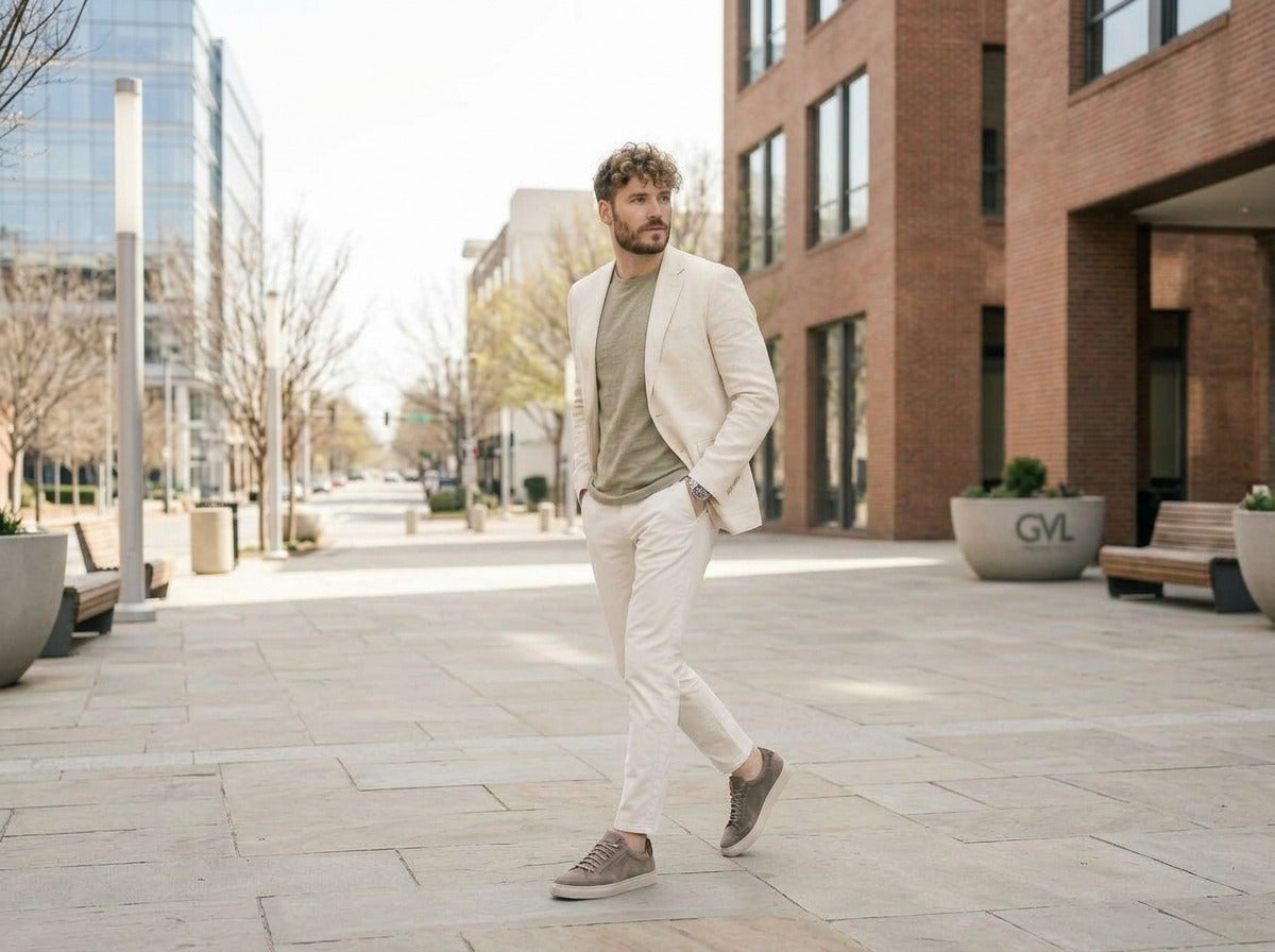 Lifestyle image of the Artelio Elasticore gray nubuck sneaker styled for a clean city walk