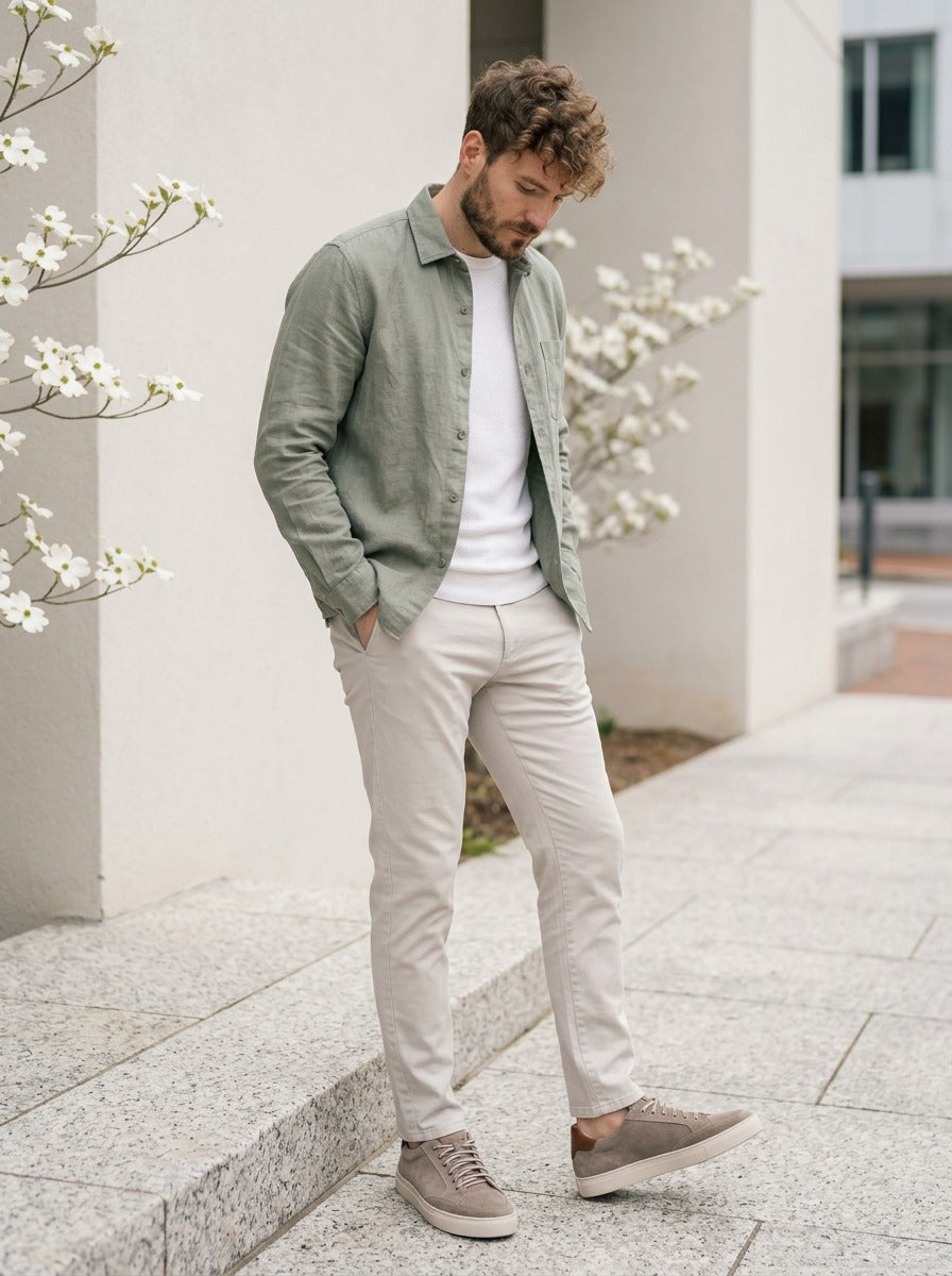 Lifestyle image of the Artelio Elasticore gray nubuck sneaker styled with a light casual outfit