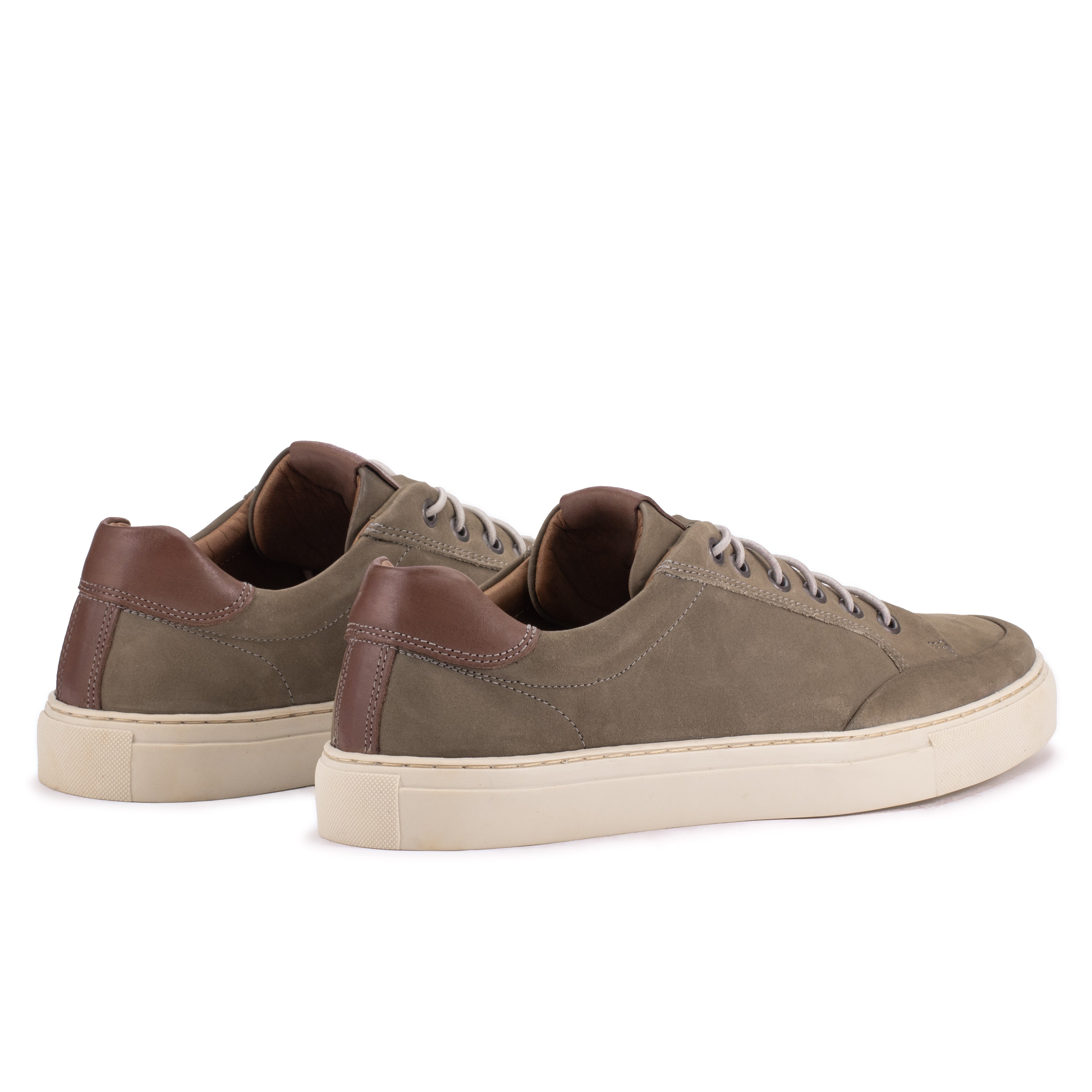Rear angle of the Artelio Elasticore gray nubuck sneaker showing leather heel detail