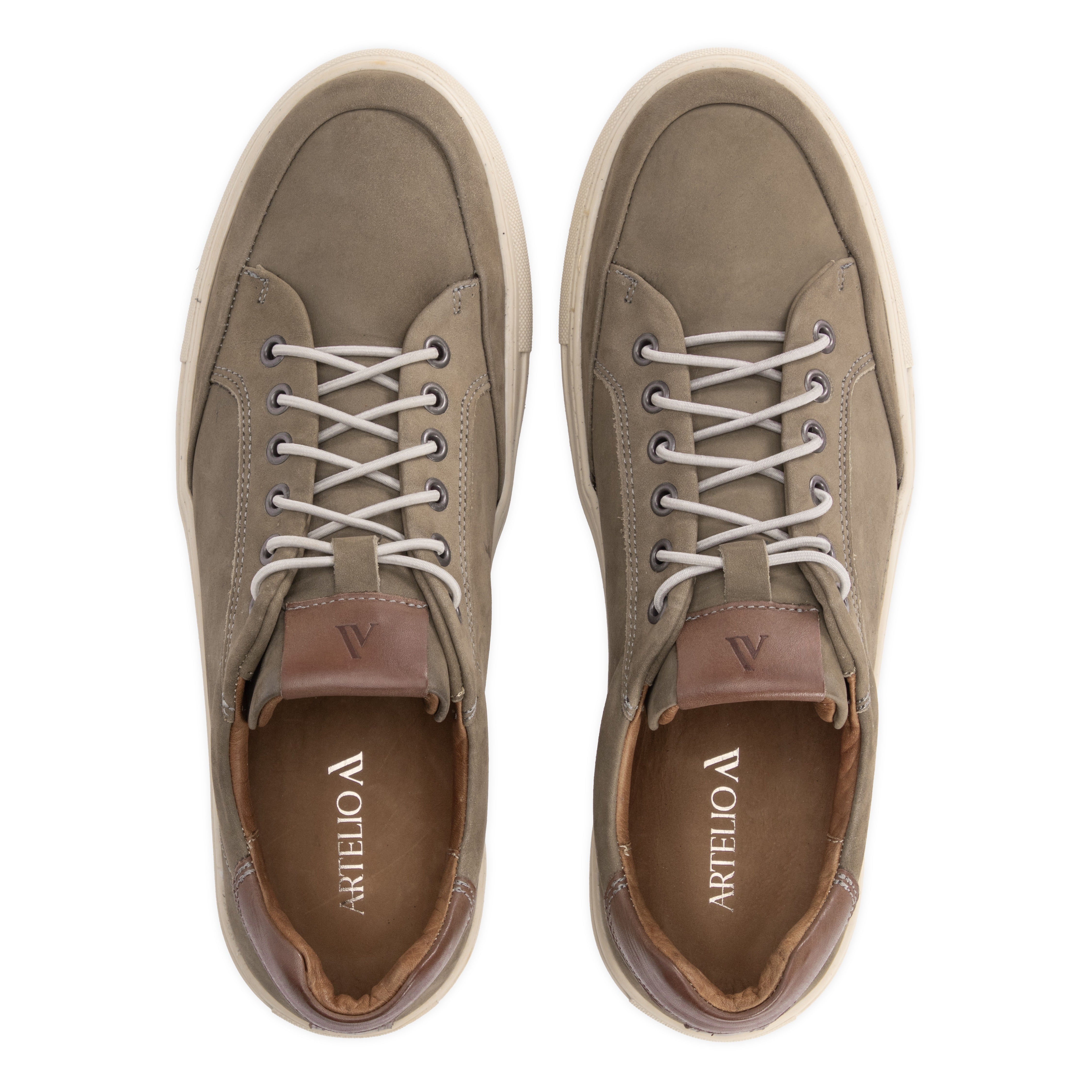 Top view of the Artelio Elasticore gray nubuck sneaker with elastic lacing and leather details