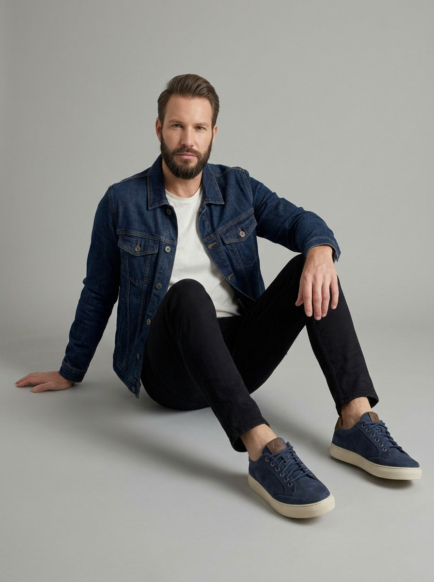 Lifestyle image of the Artelio Elasticore navy nubuck sneaker styled with casual dark denim