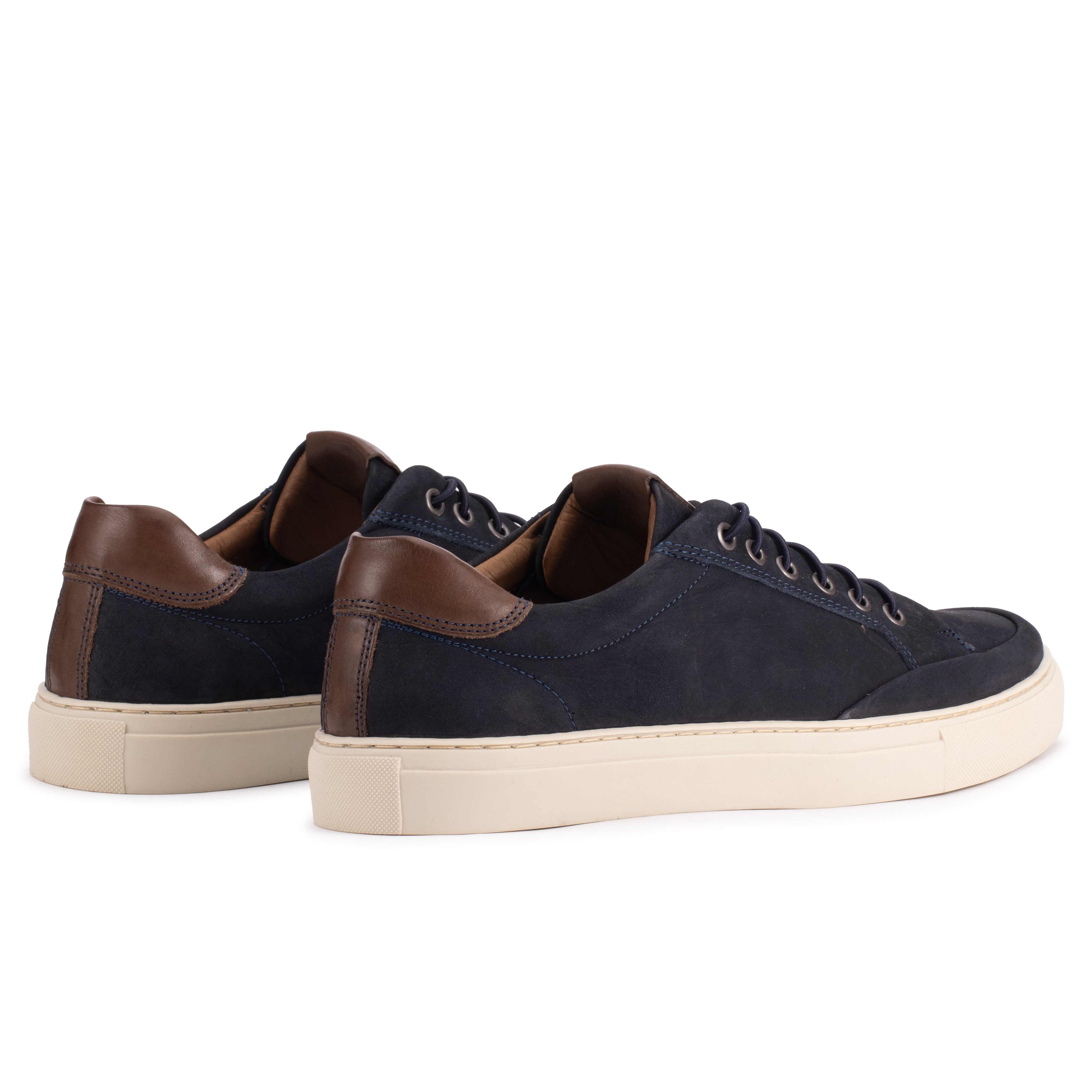 Rear angle of the Artelio Elasticore navy nubuck sneaker showing leather heel detail