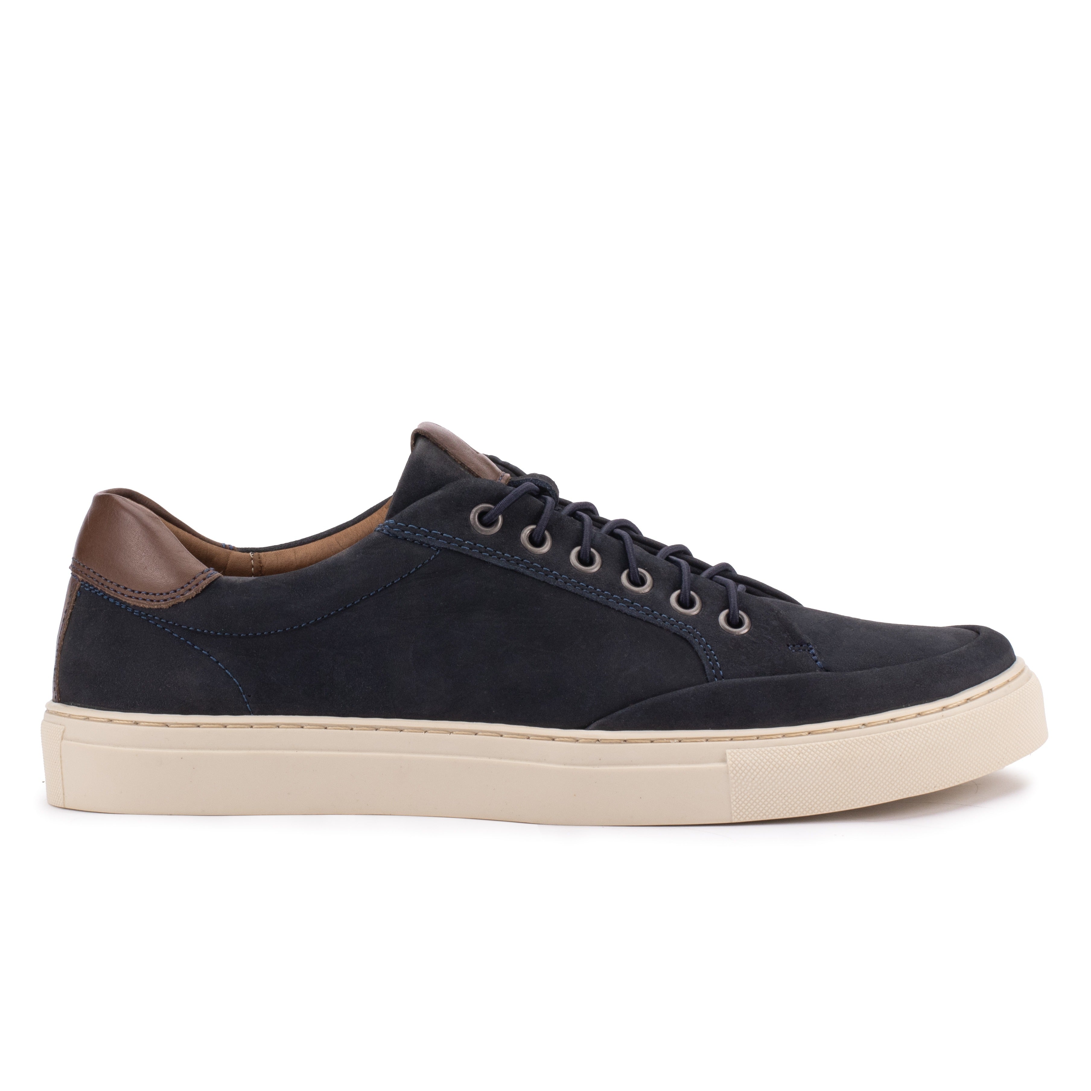 Side profile of the Artelio Elasticore navy nubuck sneaker with a clean low-top shape and flexible grippy sole