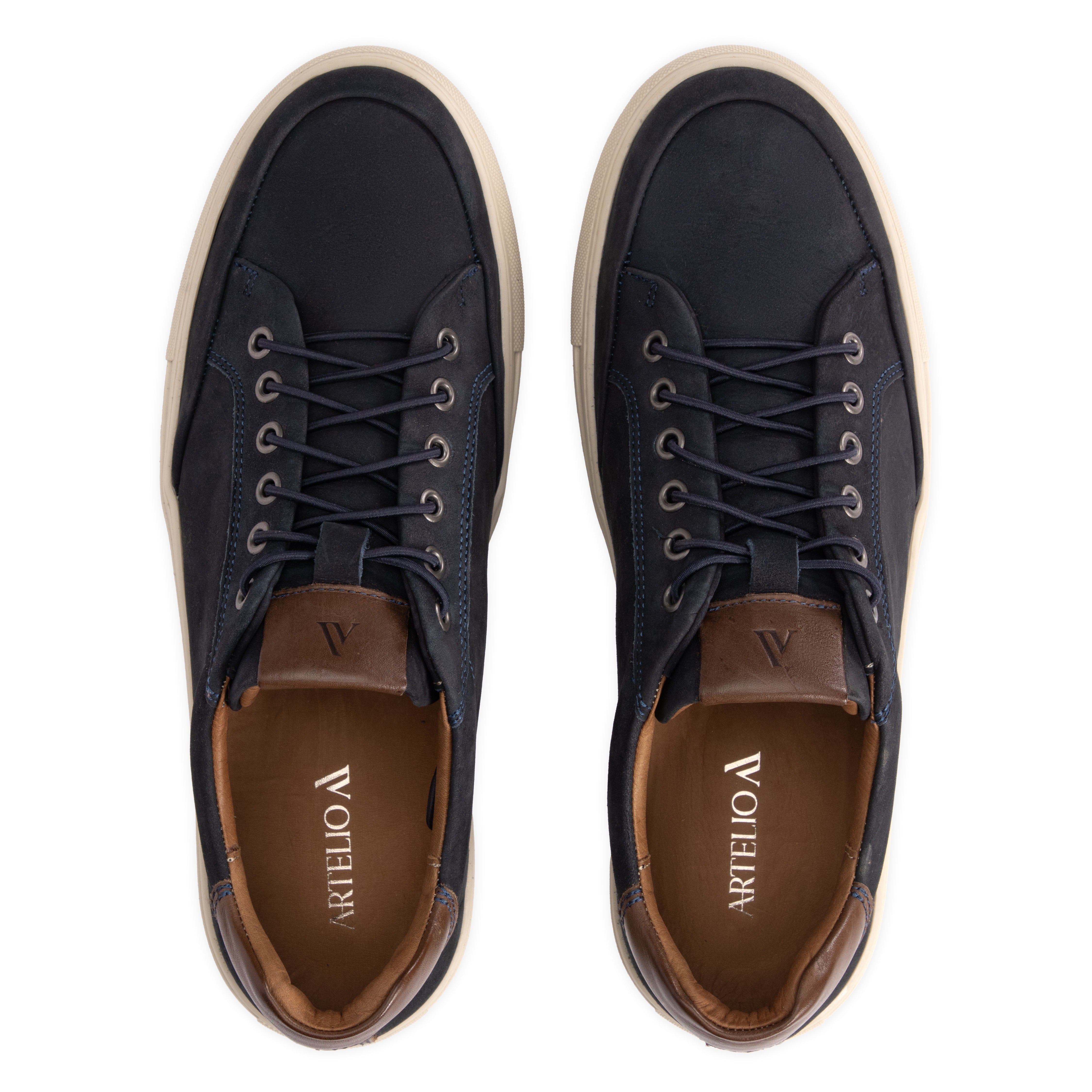 Top view of the Artelio Elasticore navy nubuck sneaker with elastic lacing and leather details