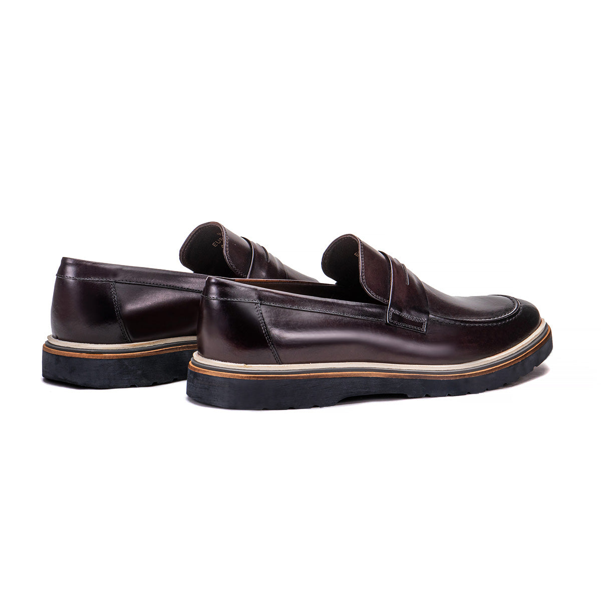 Rear angle of the Artelio Ferraro wine leather penny loafer showing the heel and wine leather finish